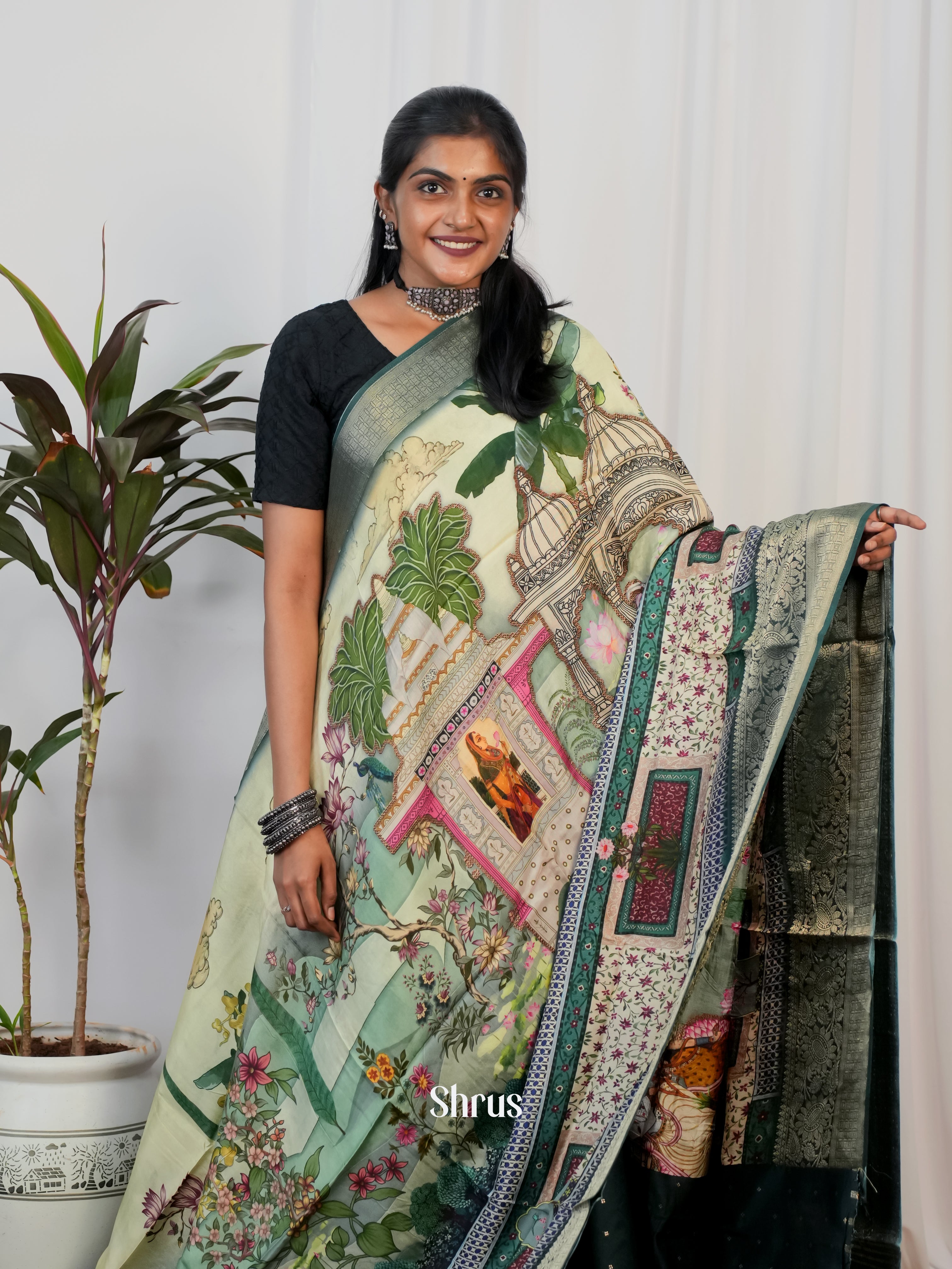 Pastel Green & Green - Semi Crepe Saree