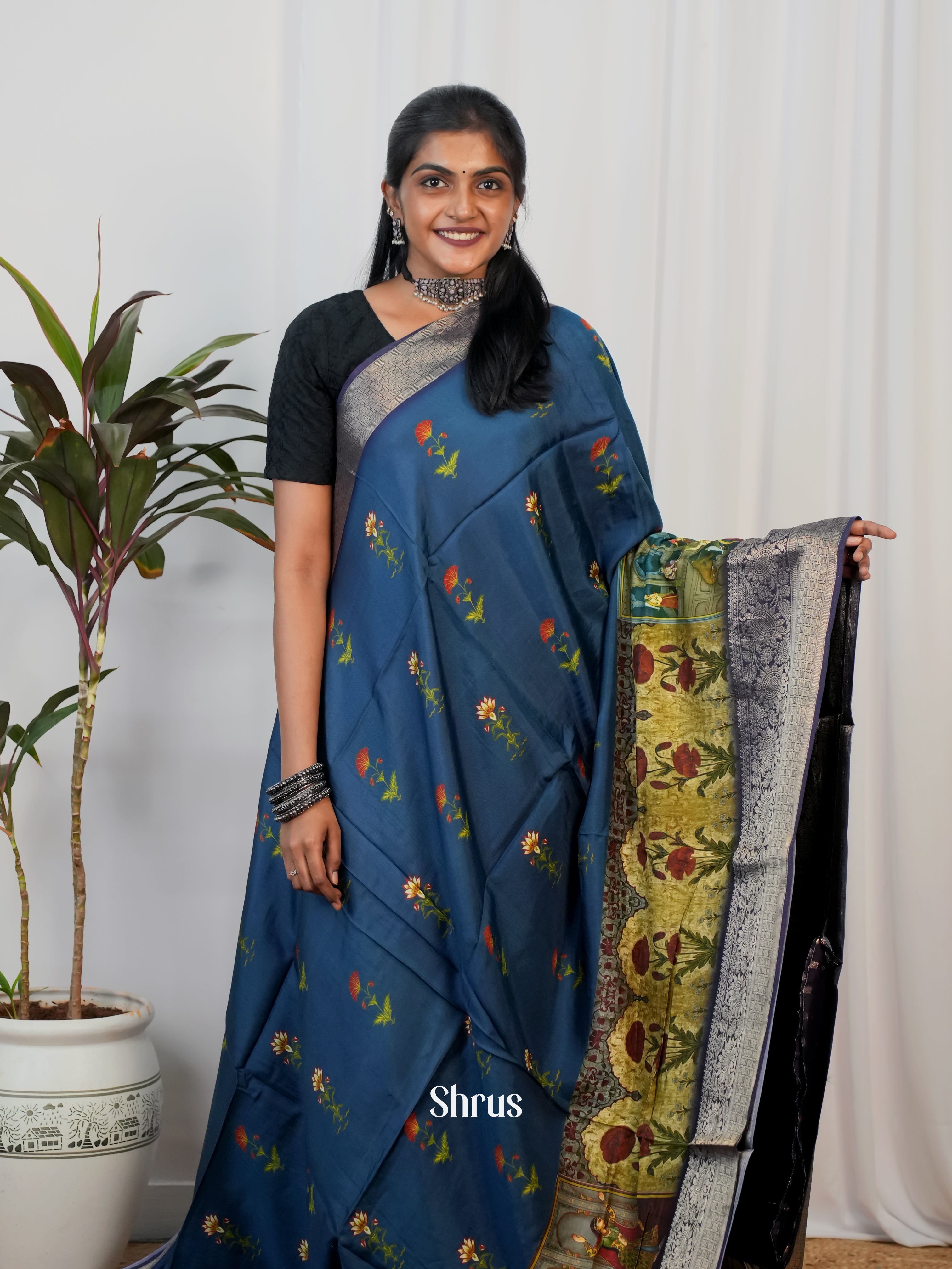 Blue - Semi Crepe Saree