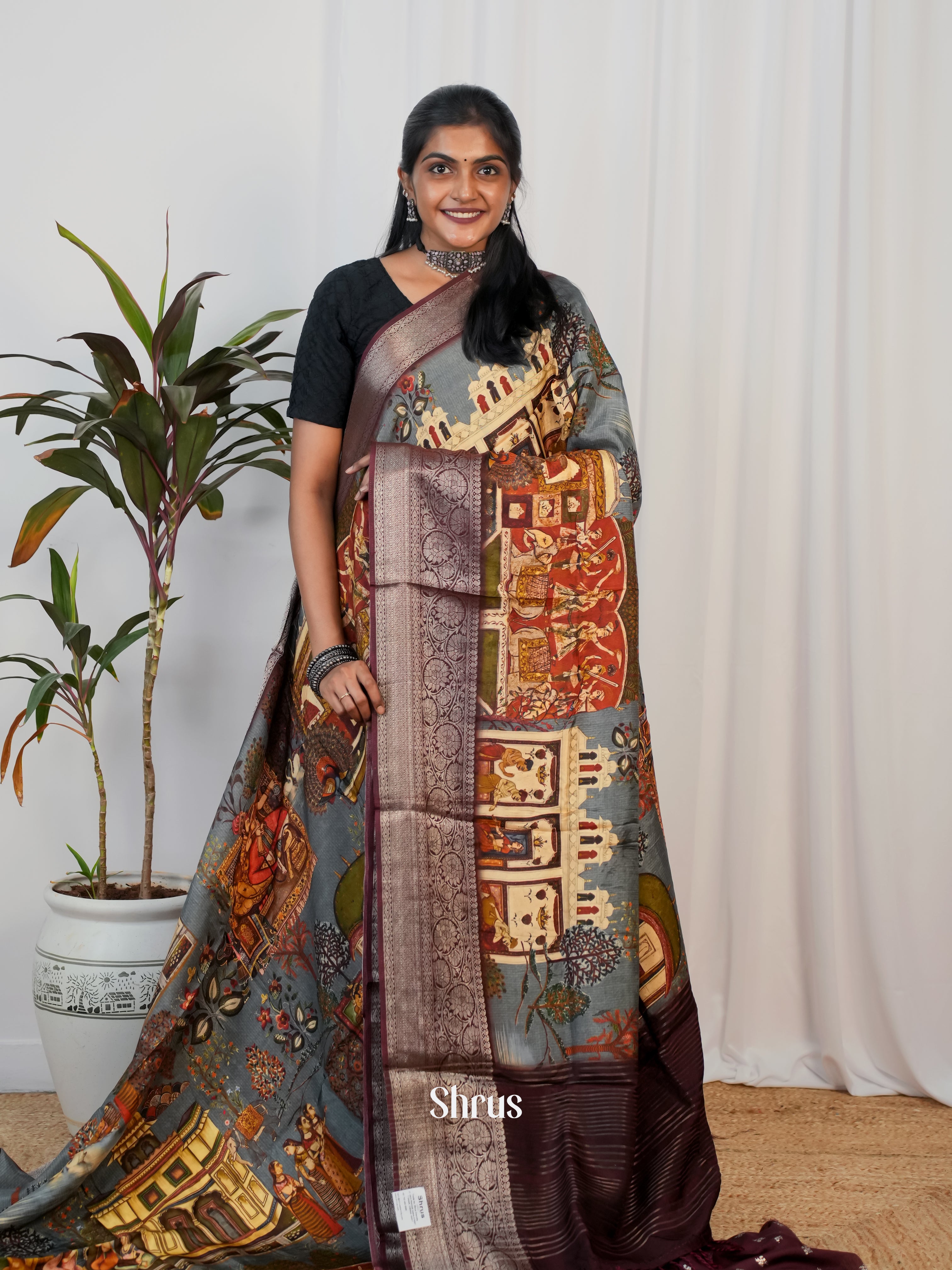 Grey & Maroon - Semi Crepe Saree