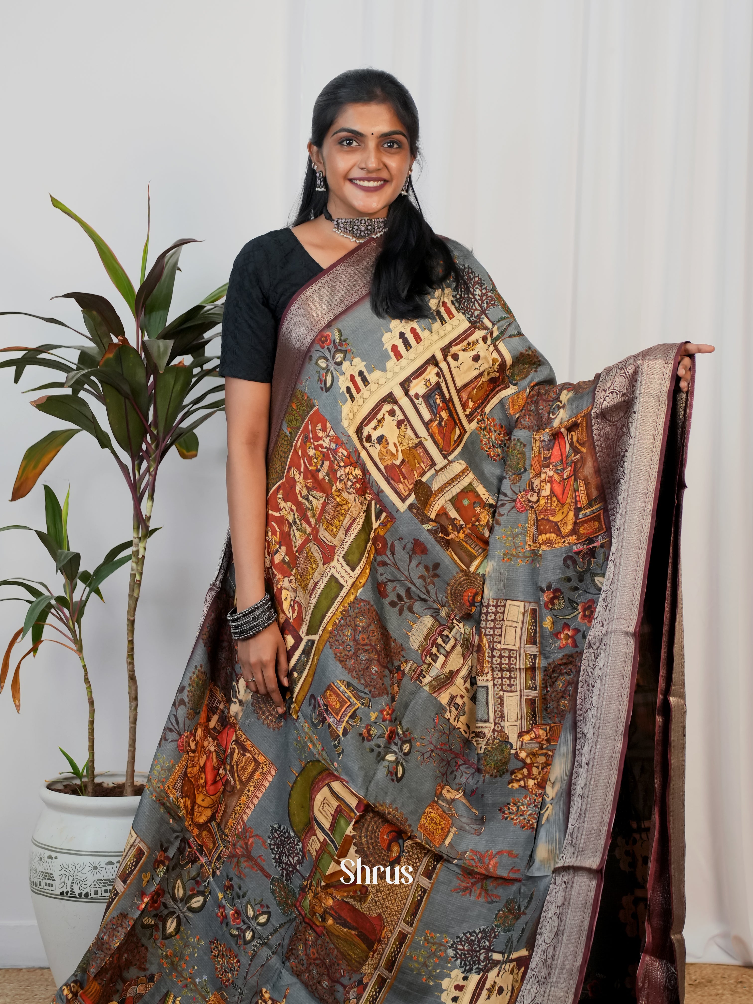 Grey & Maroon - Semi Crepe Saree