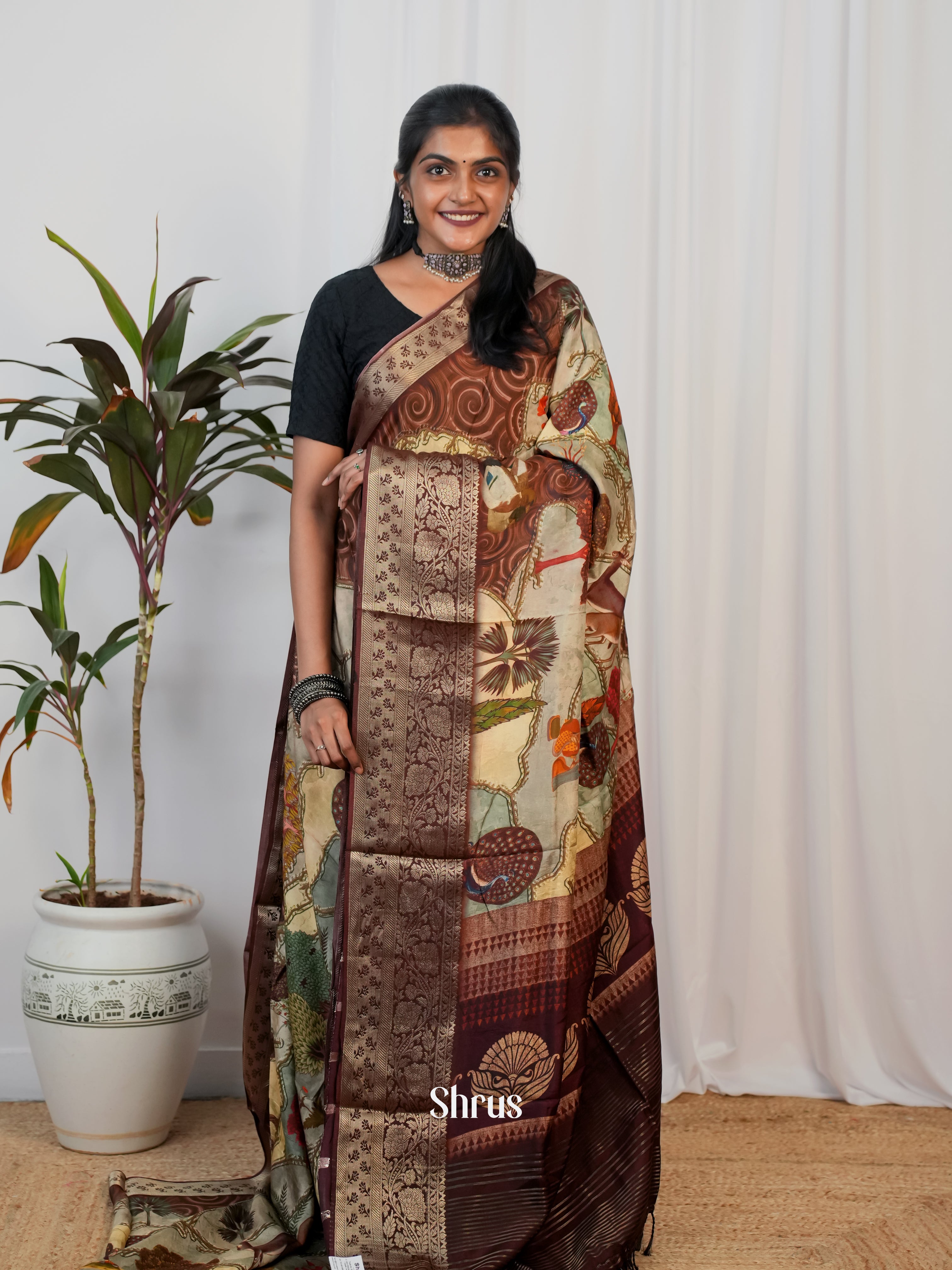 Brown - Semi Crepe Saree