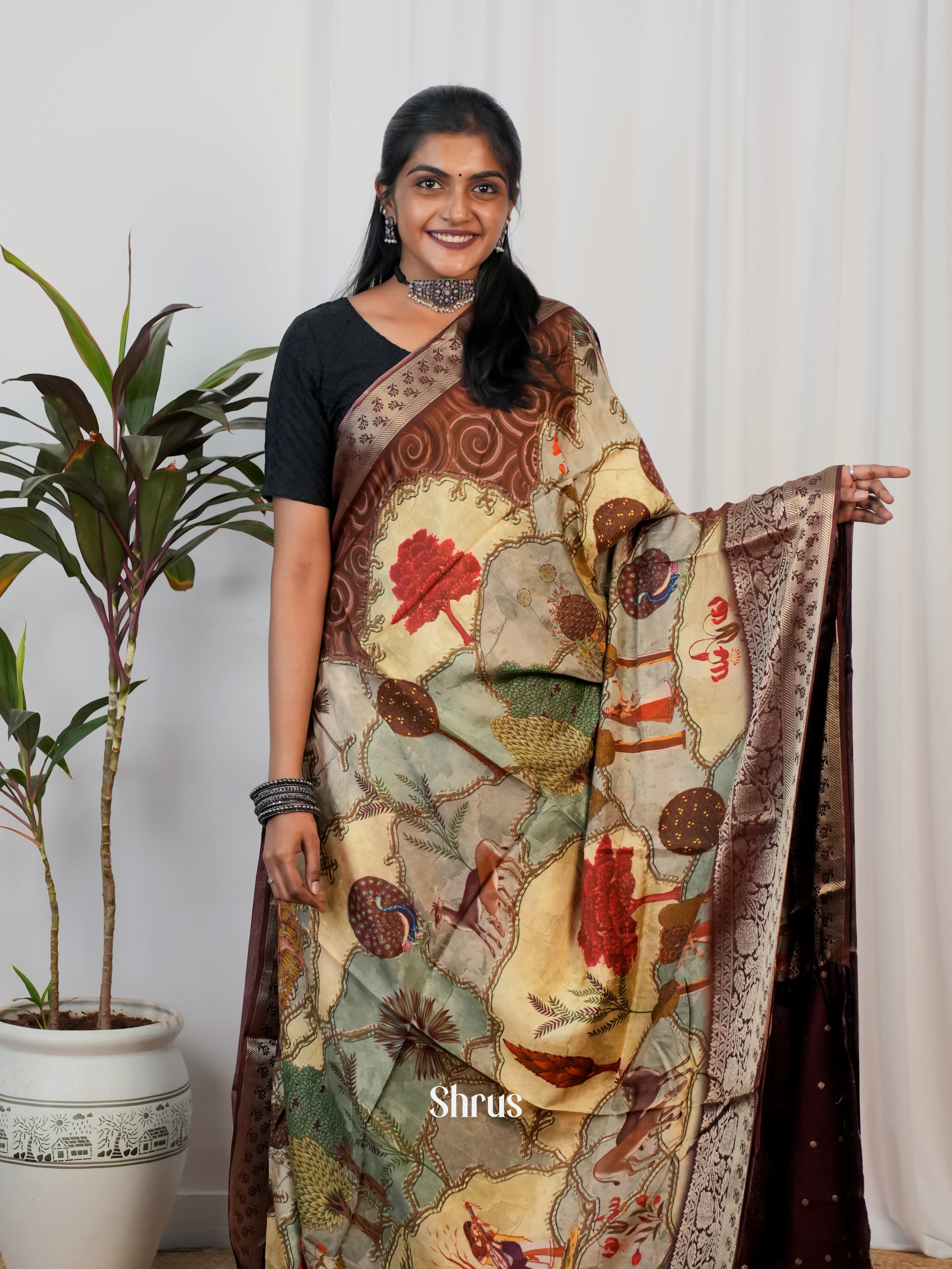 Brown - Semi Crepe Saree