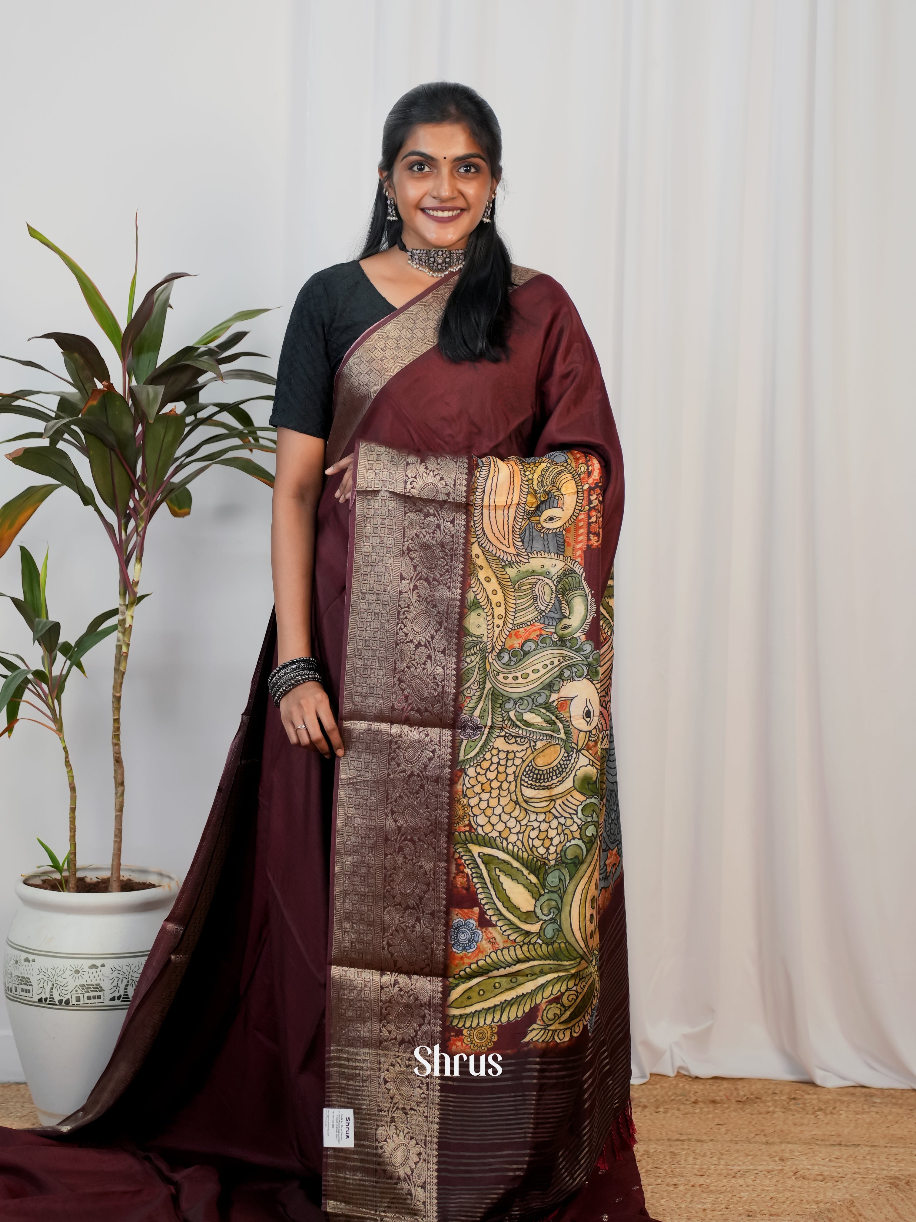 Brown - Semi Crepe Saree