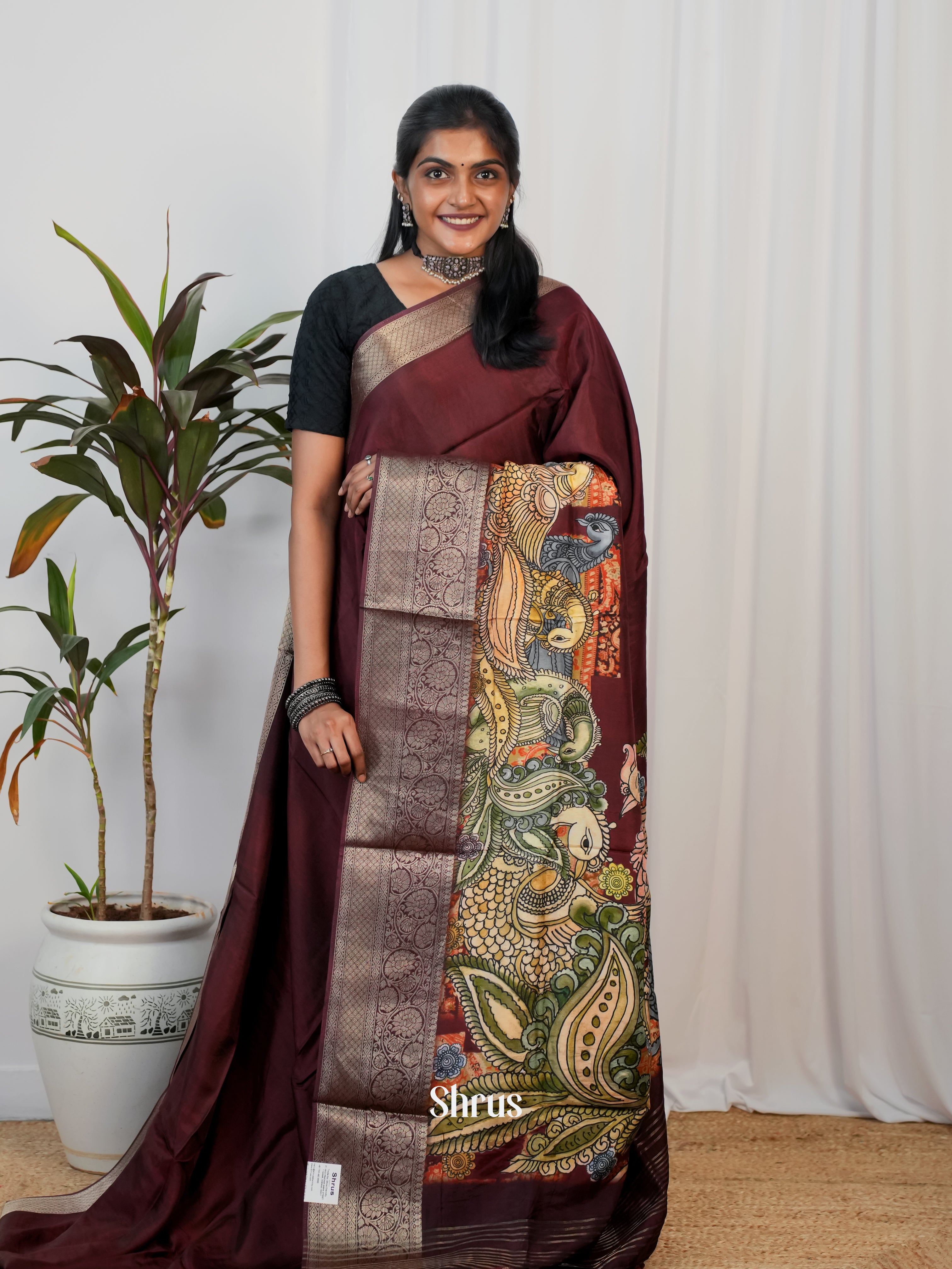 Brown - Semi Crepe Saree