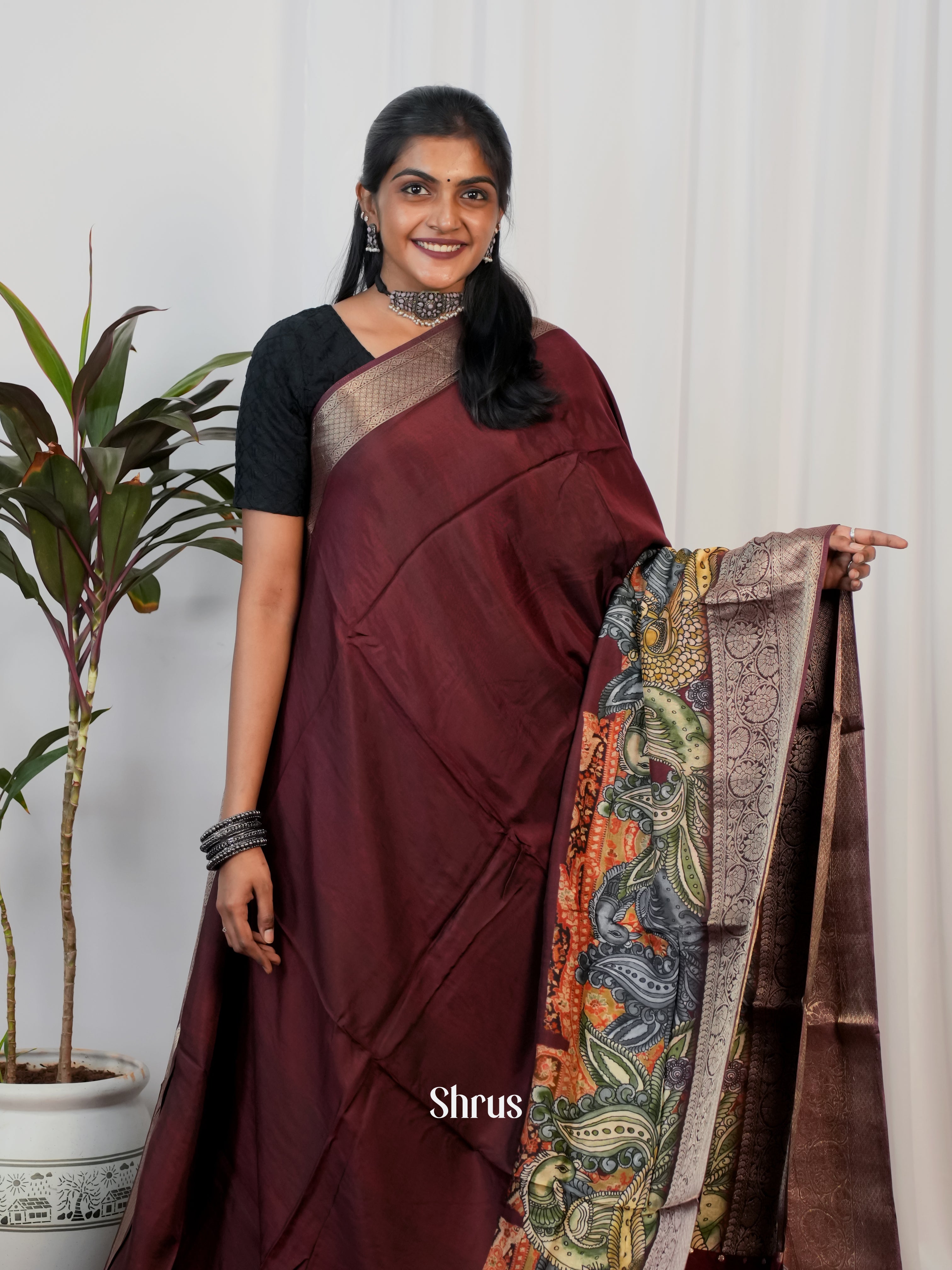 Brown - Semi Crepe Saree