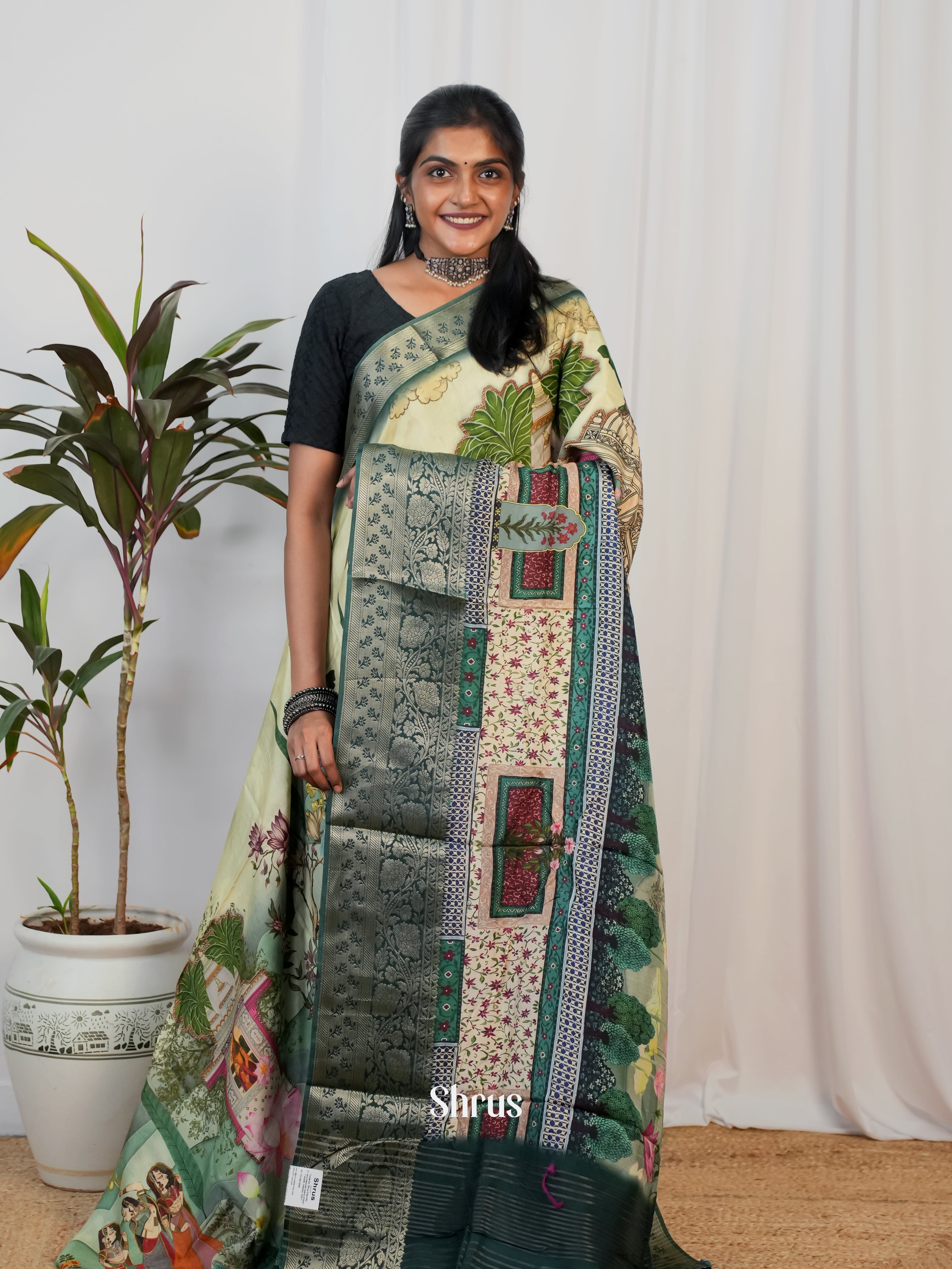 Pastel Green & Green - Semi Crepe Saree