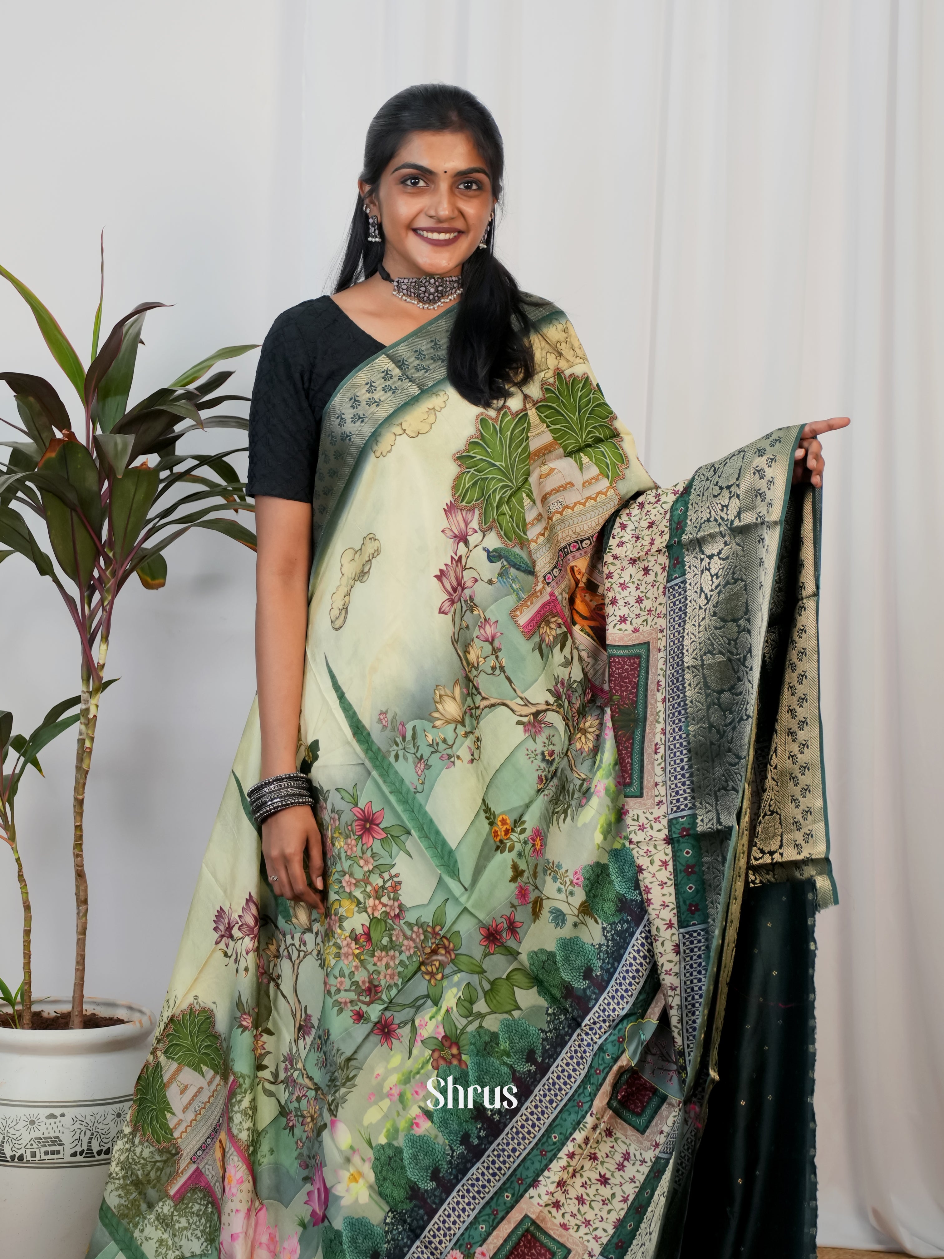 Pastel Green & Green - Semi Crepe Saree