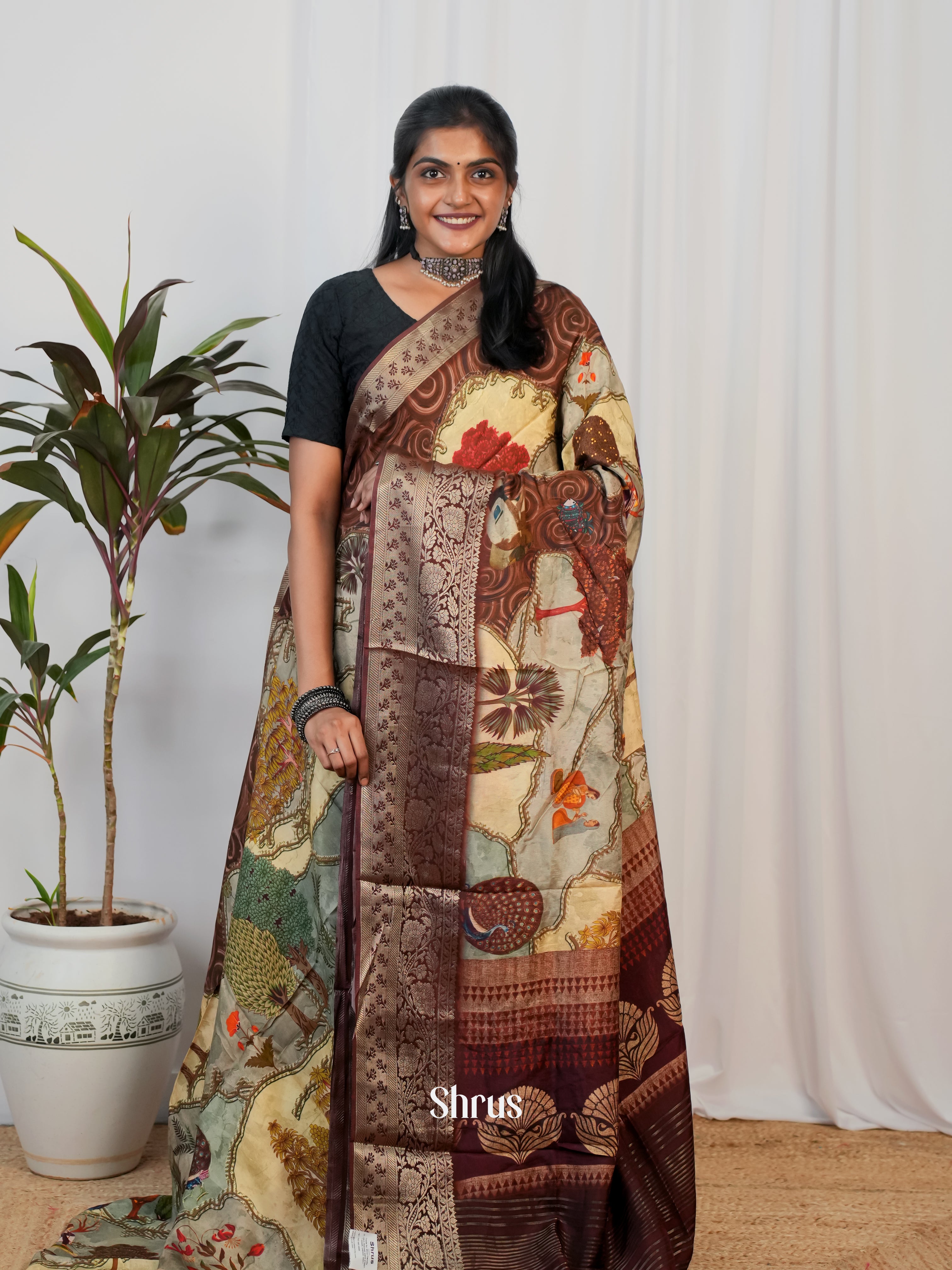 Brown - Semi Crepe Saree