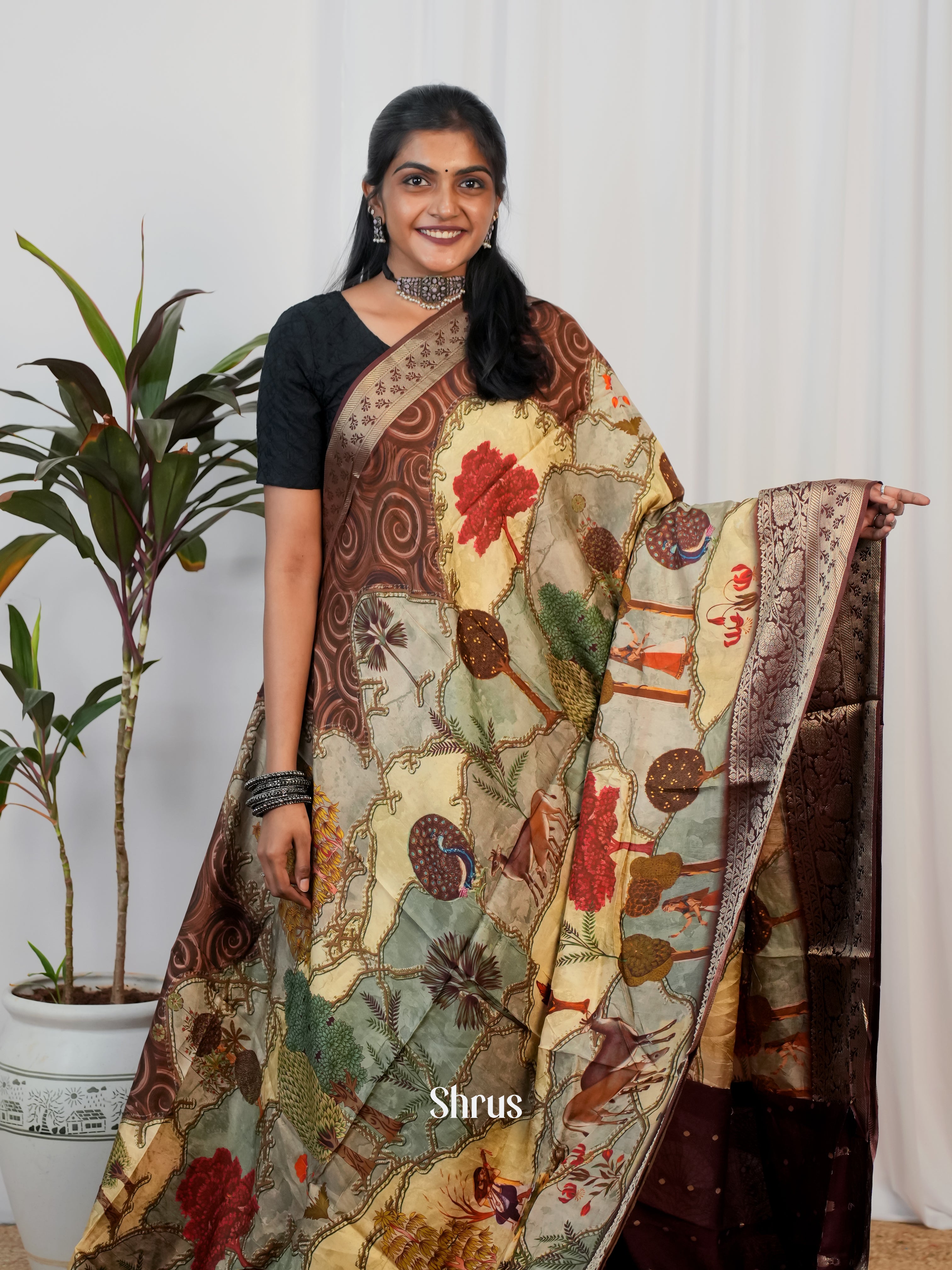 Brown - Semi Crepe Saree