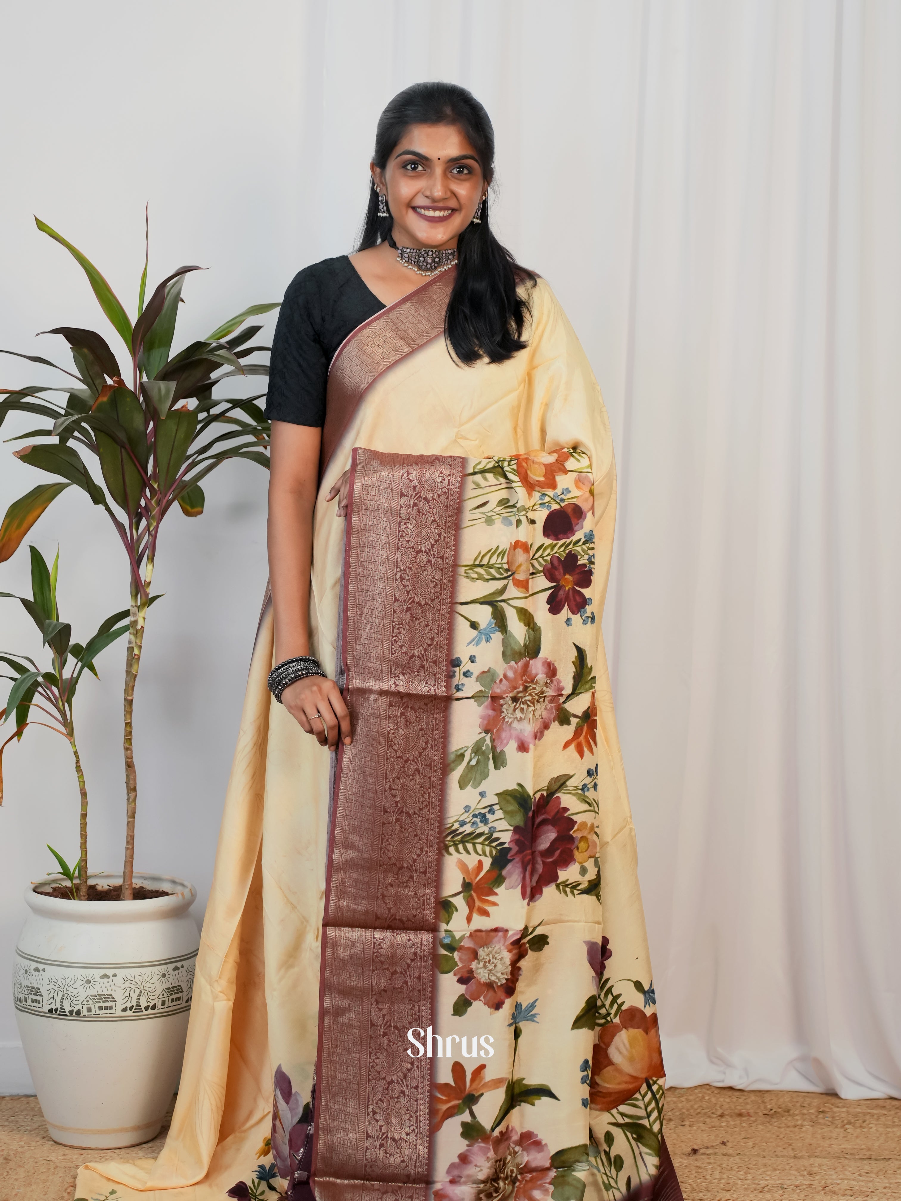 Cream & Brown - Semi Crepe Saree