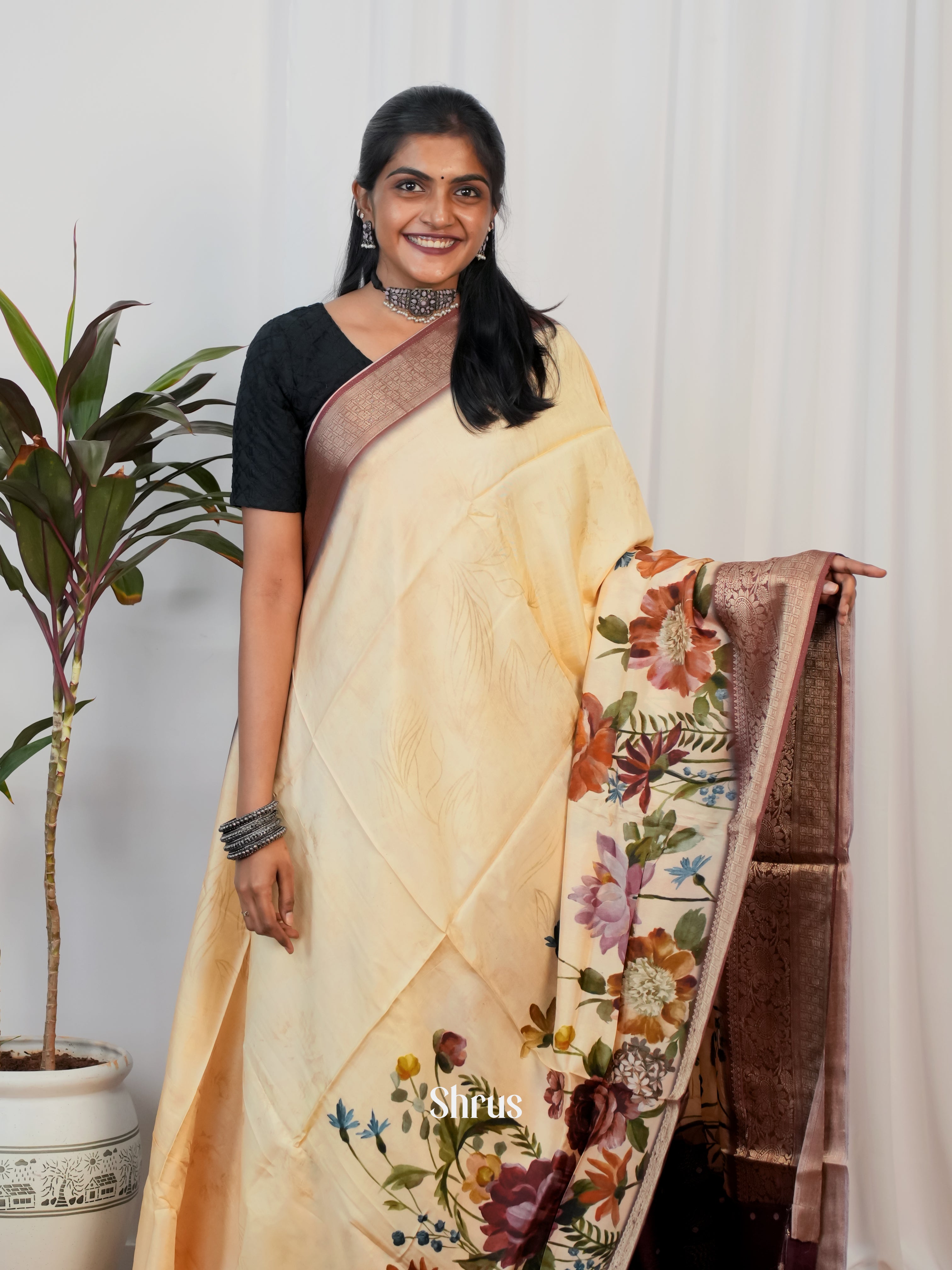 Cream & Brown - Semi Crepe Saree