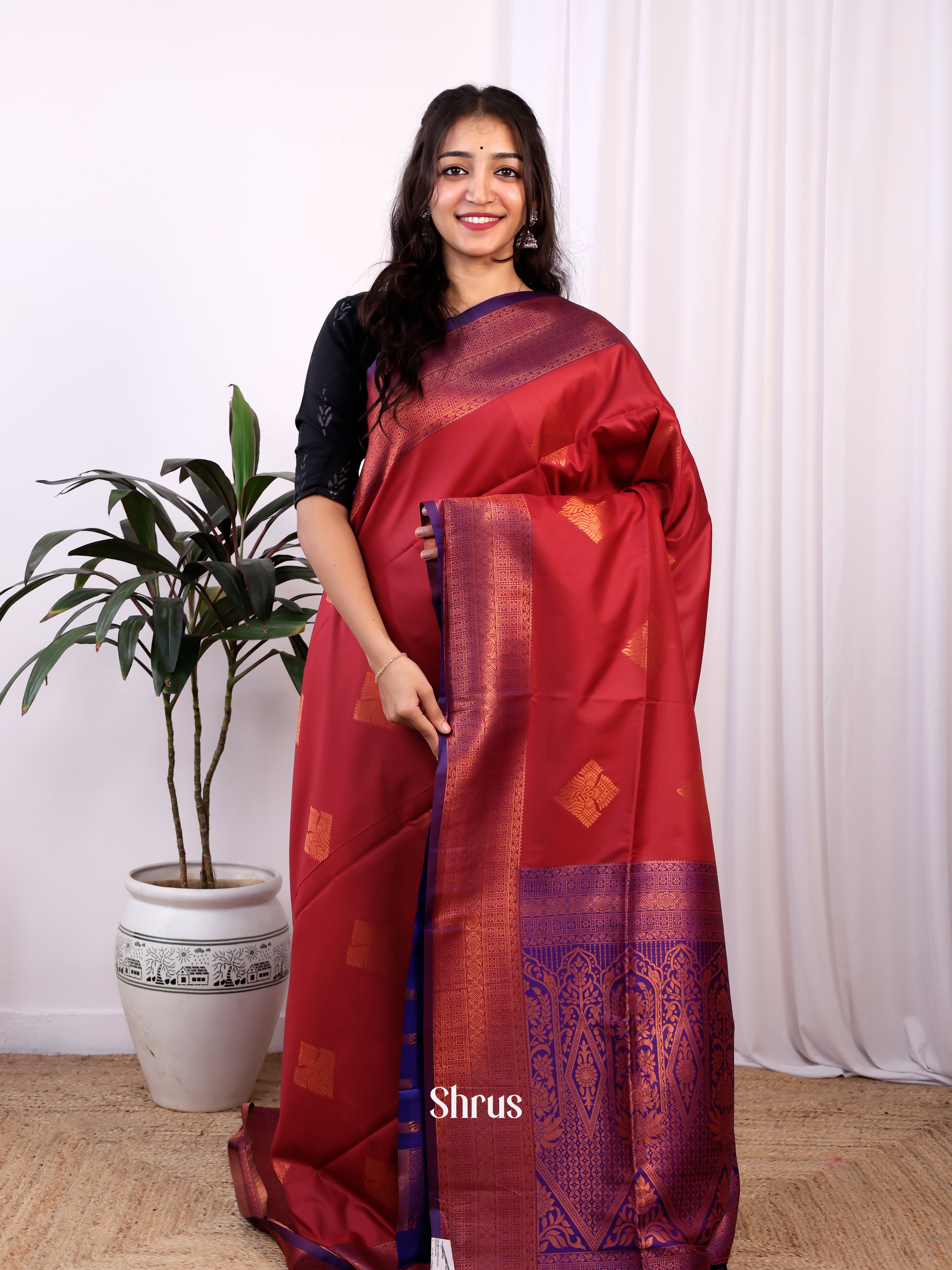 Maroon & Blue - Semi Softsilk Saree