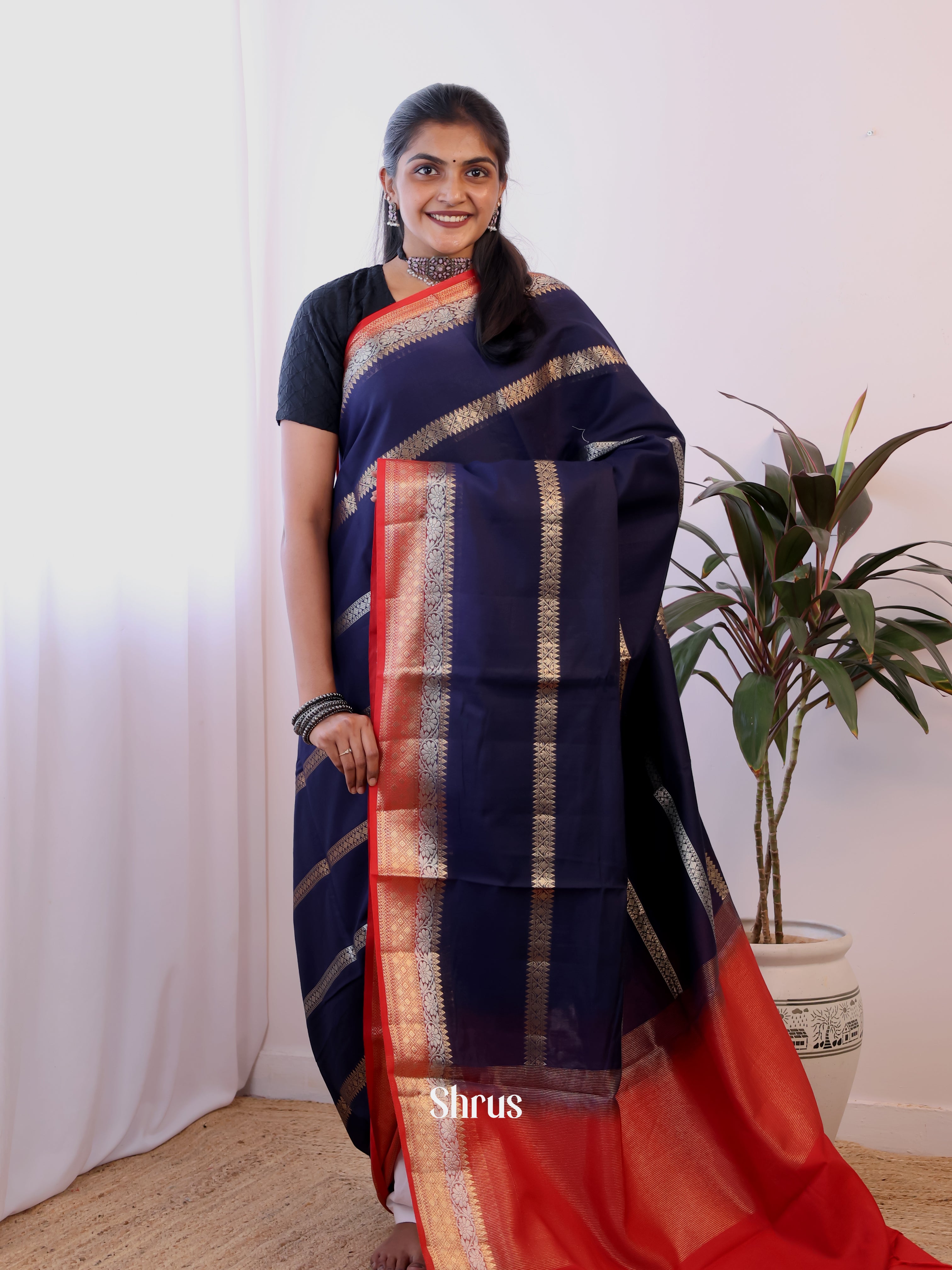 Blue & Red - Semi Dupion Saree