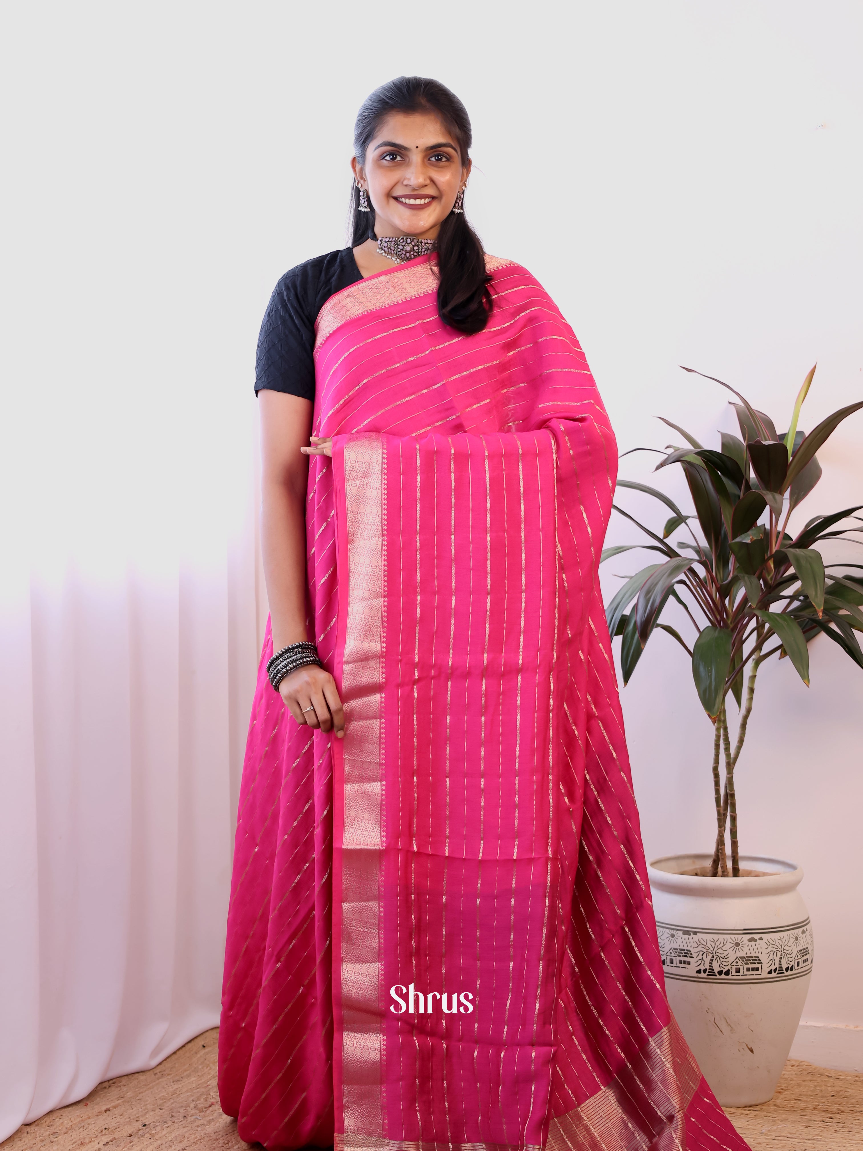 Pink & Violet - Semi Dupion Saree