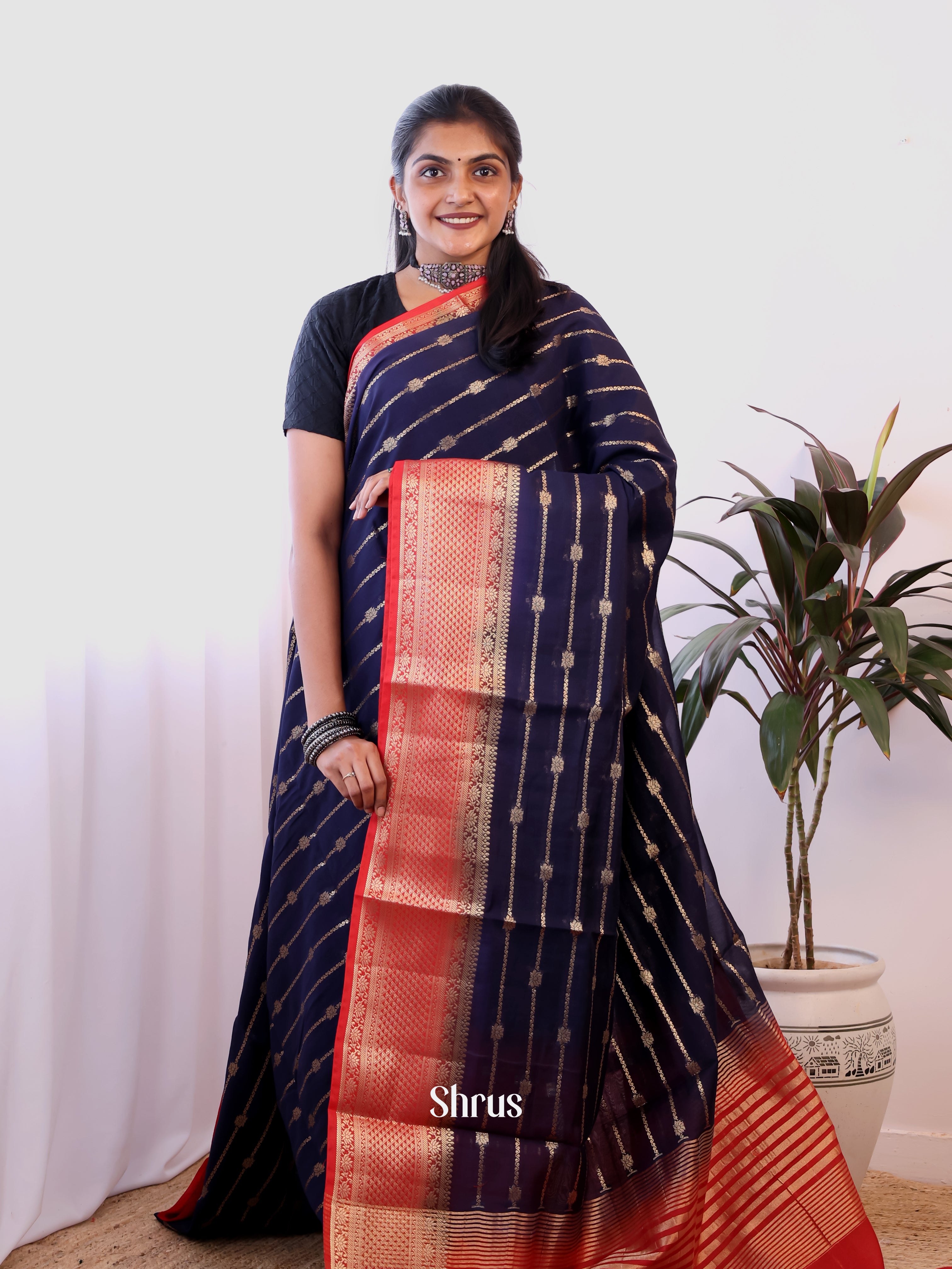 Blue &  Red - Semi Dupion Saree