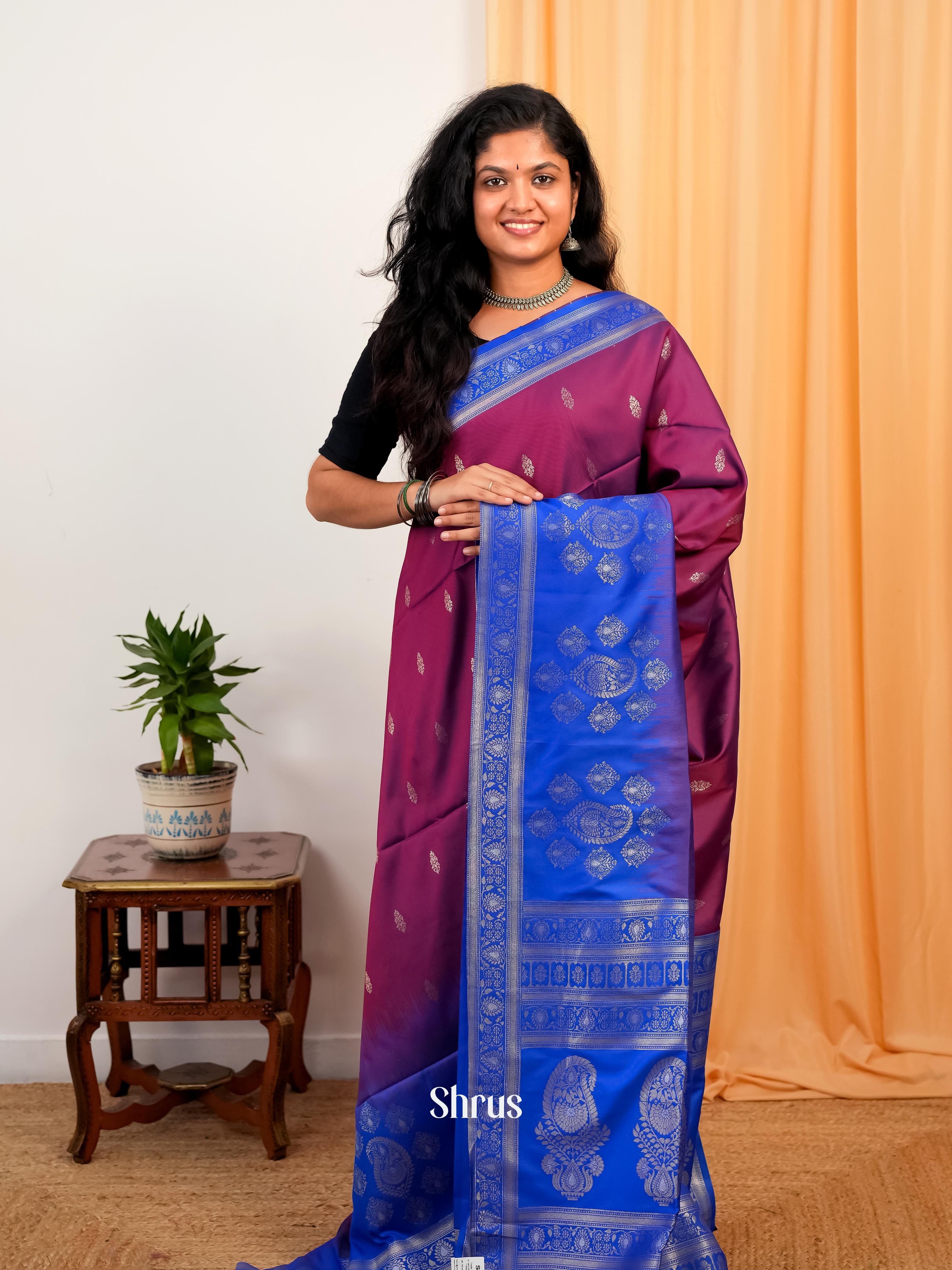 Purple  & Blue - Semi Softsilk Saree