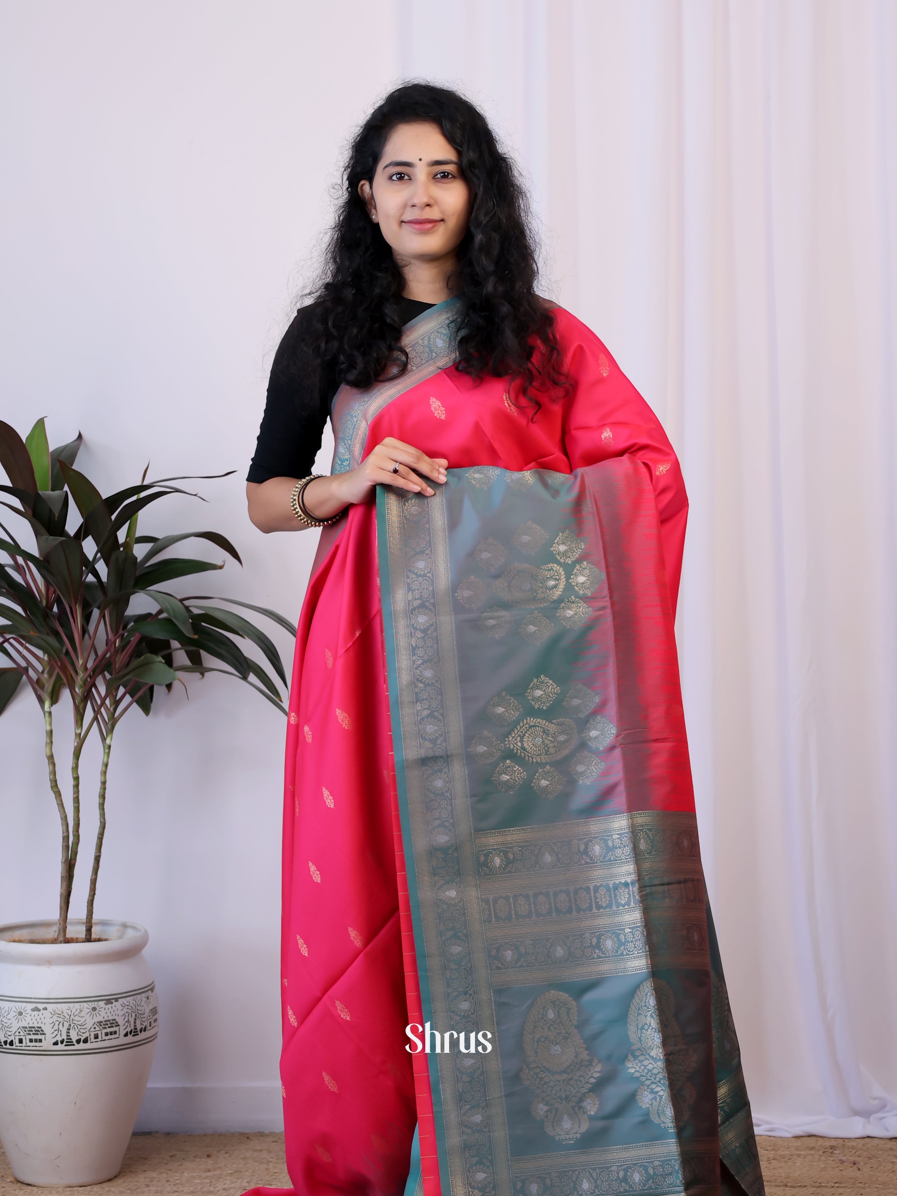 Reddish Pink & Grey-  Semi Softsilk Saree