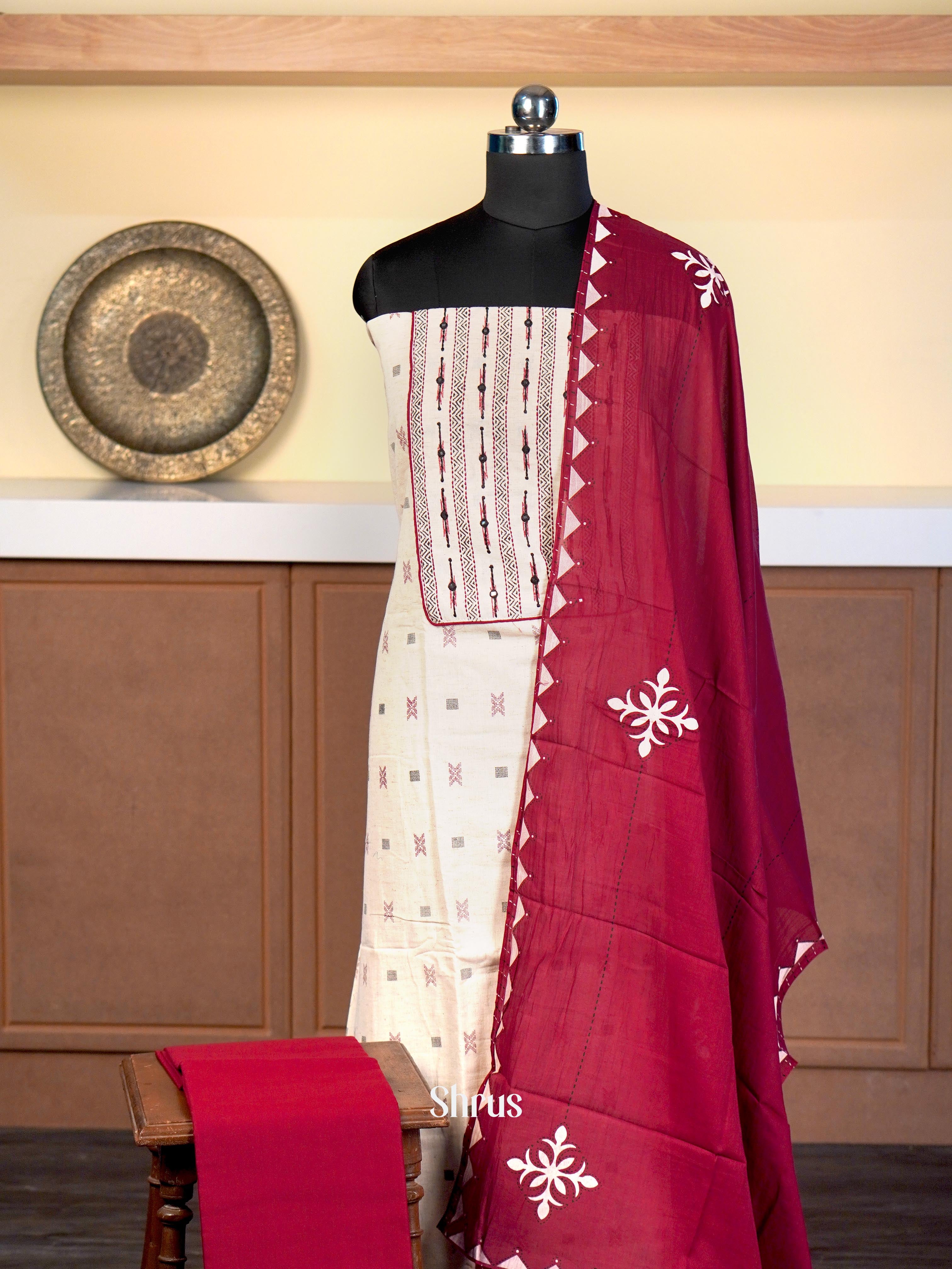 Cream & Maroon - Cotton salwar