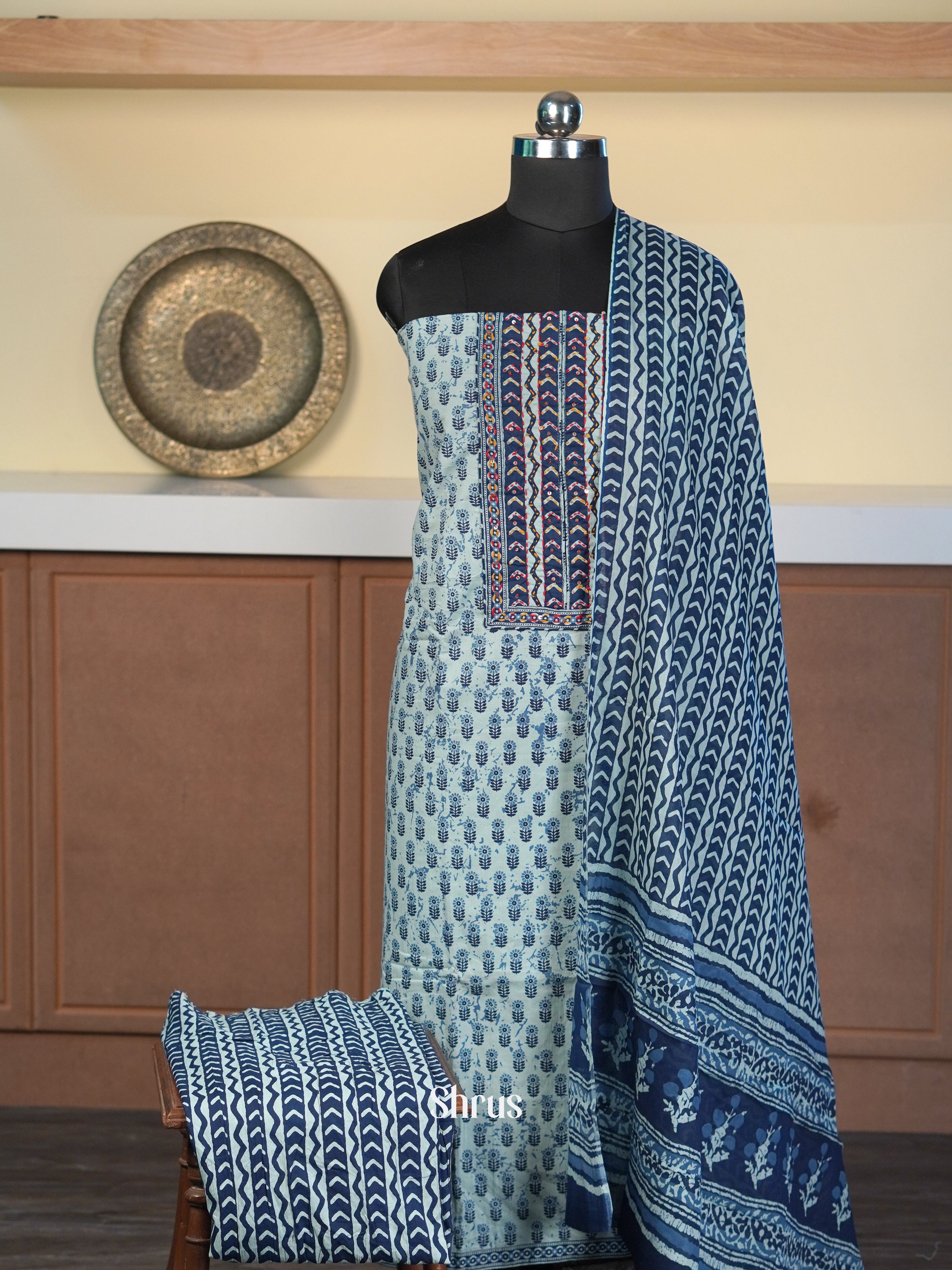 Cream & Blue  - Cotton salwar