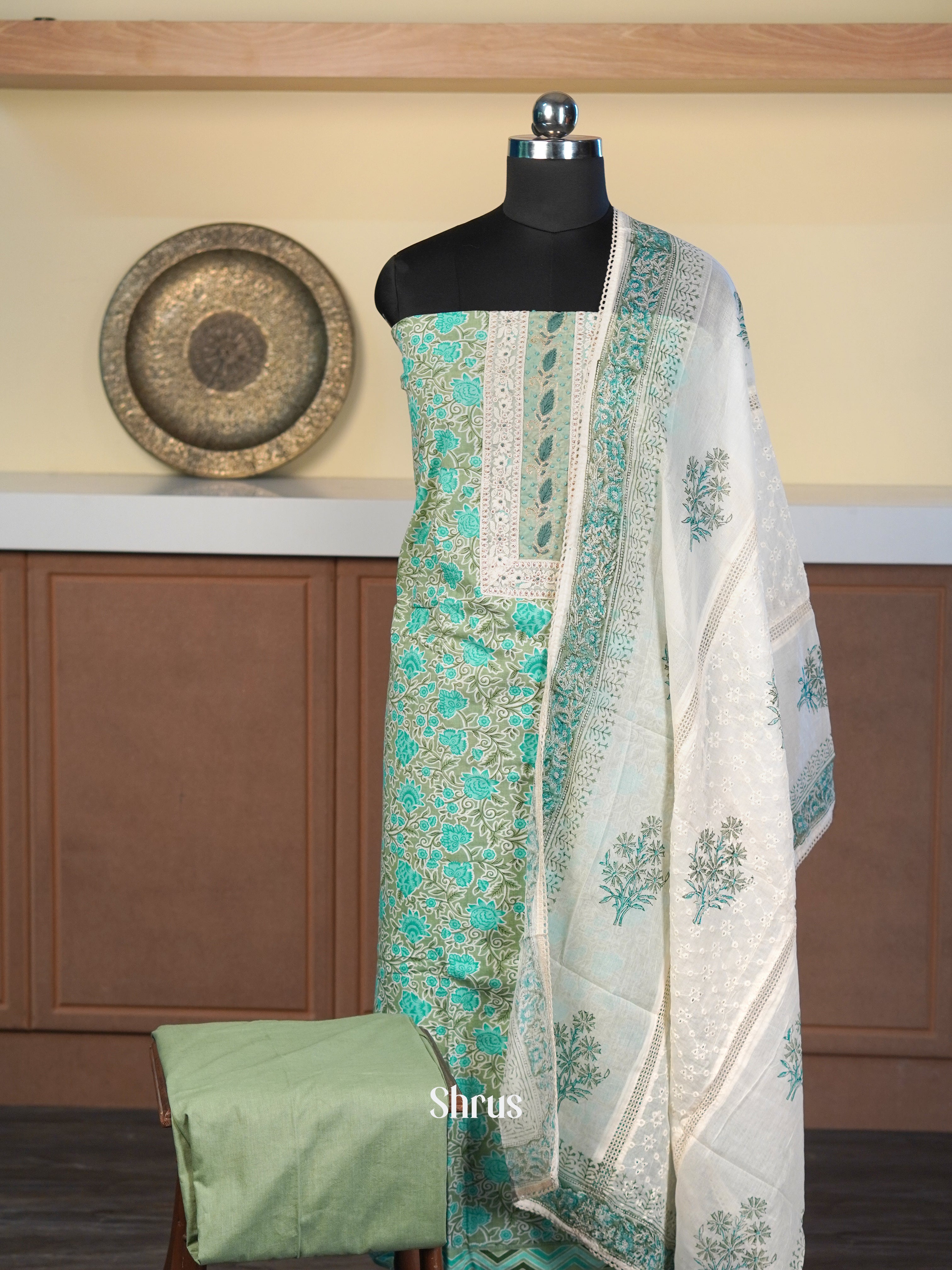 Teal Green & Cream  - Cotton salwar