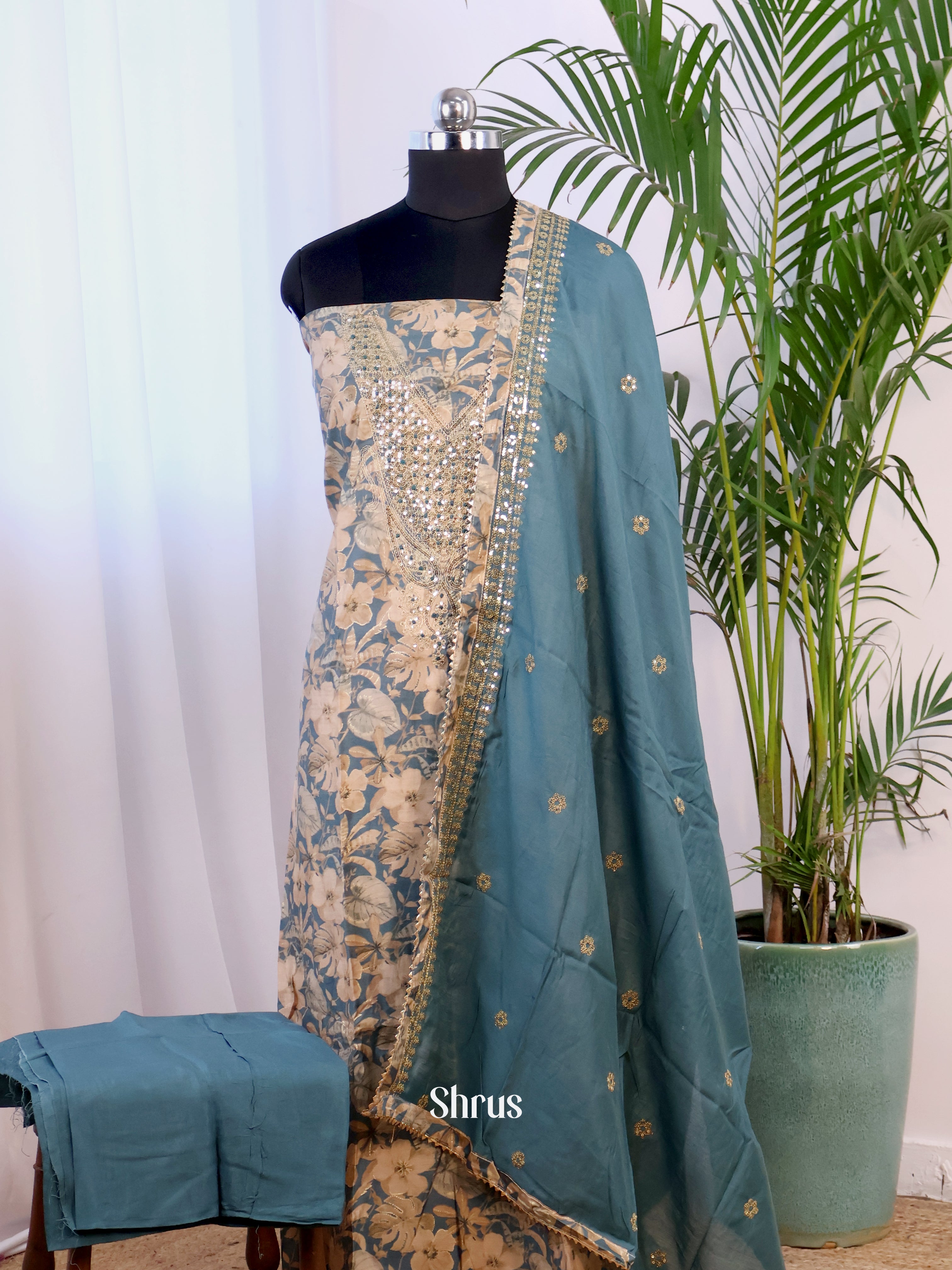 Peach & Greyish Blue - Cotton salwar