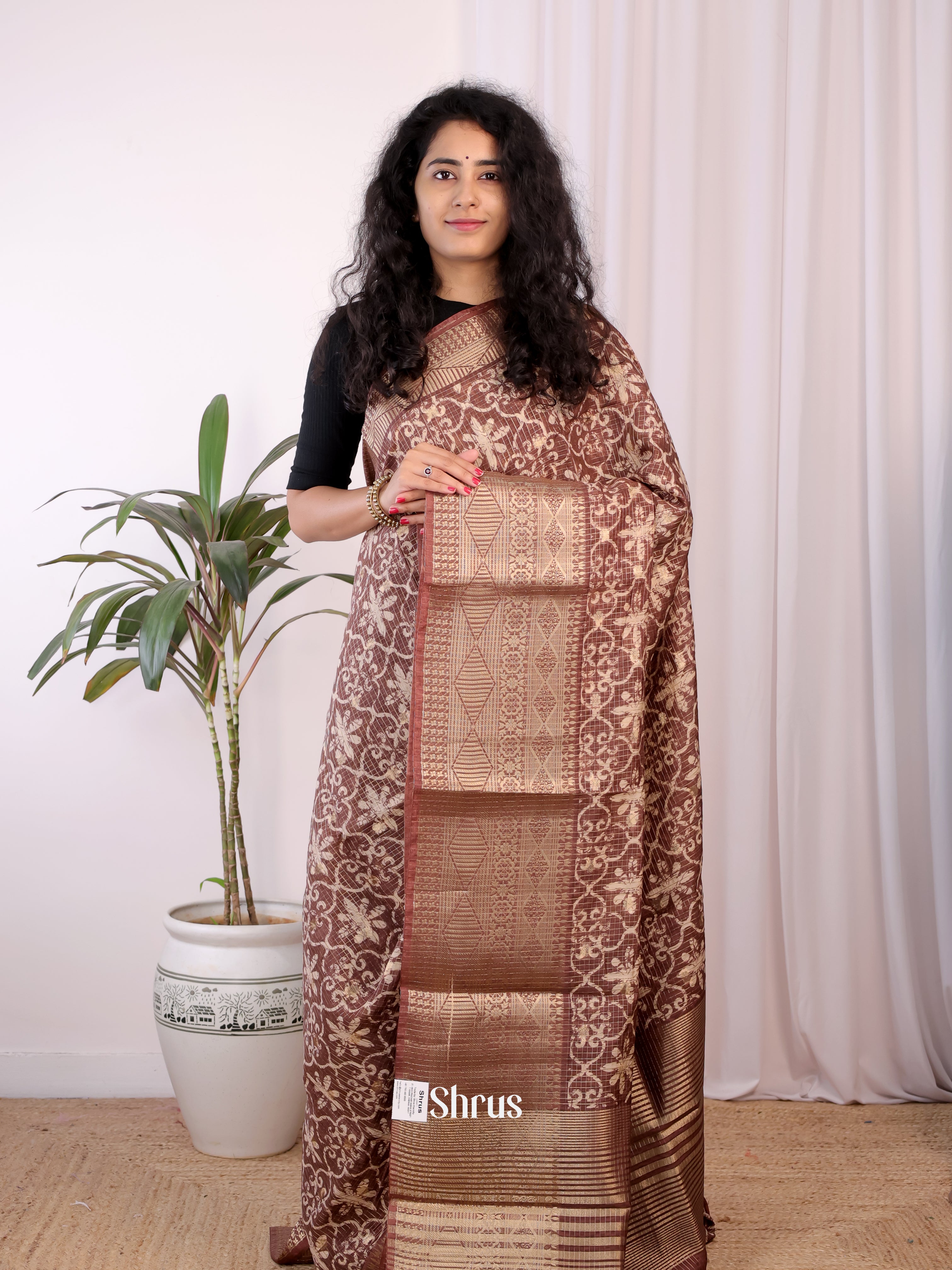 Brown - Semi Chanderi Saree