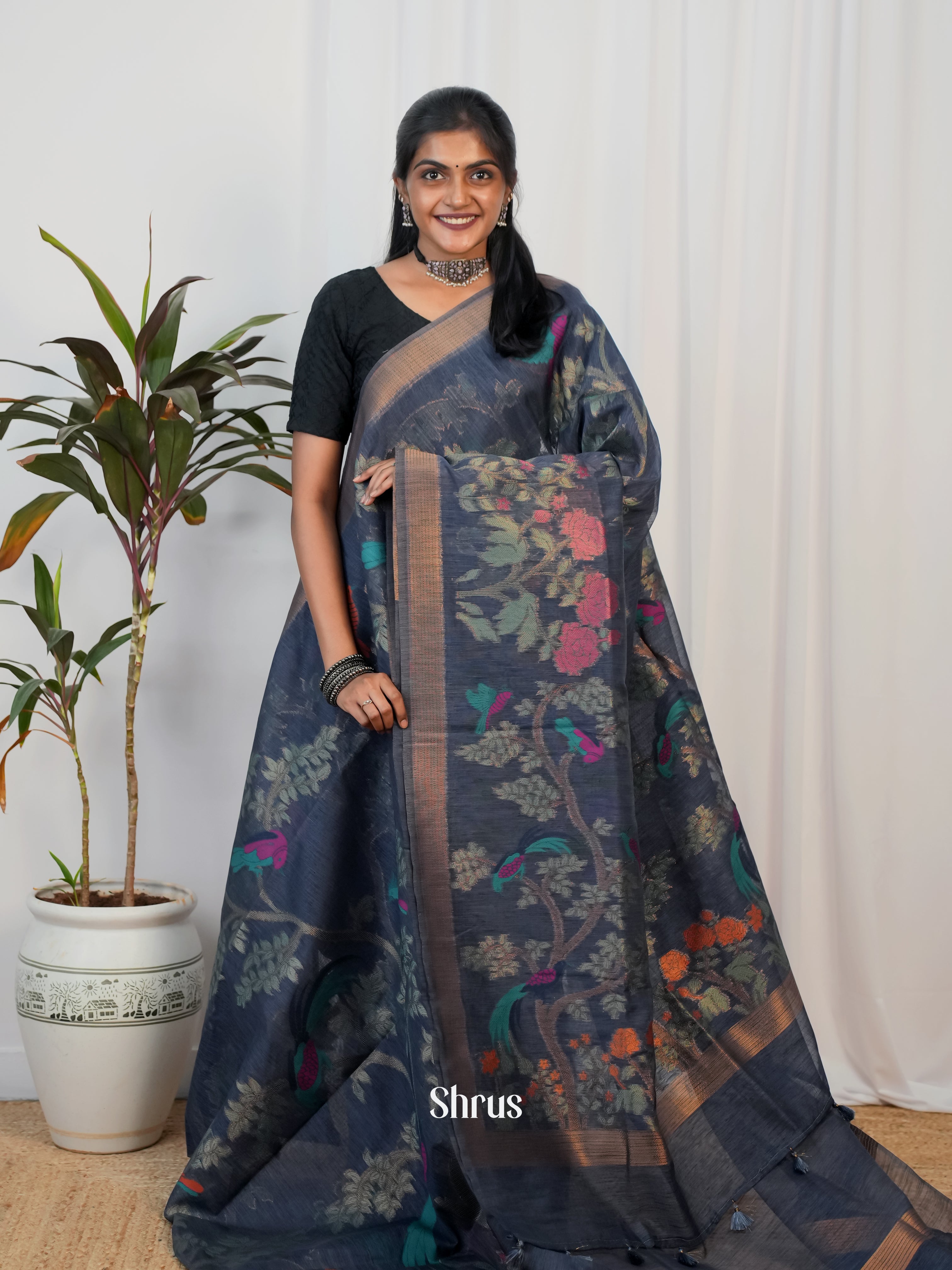 Black - Semi Jute Saree