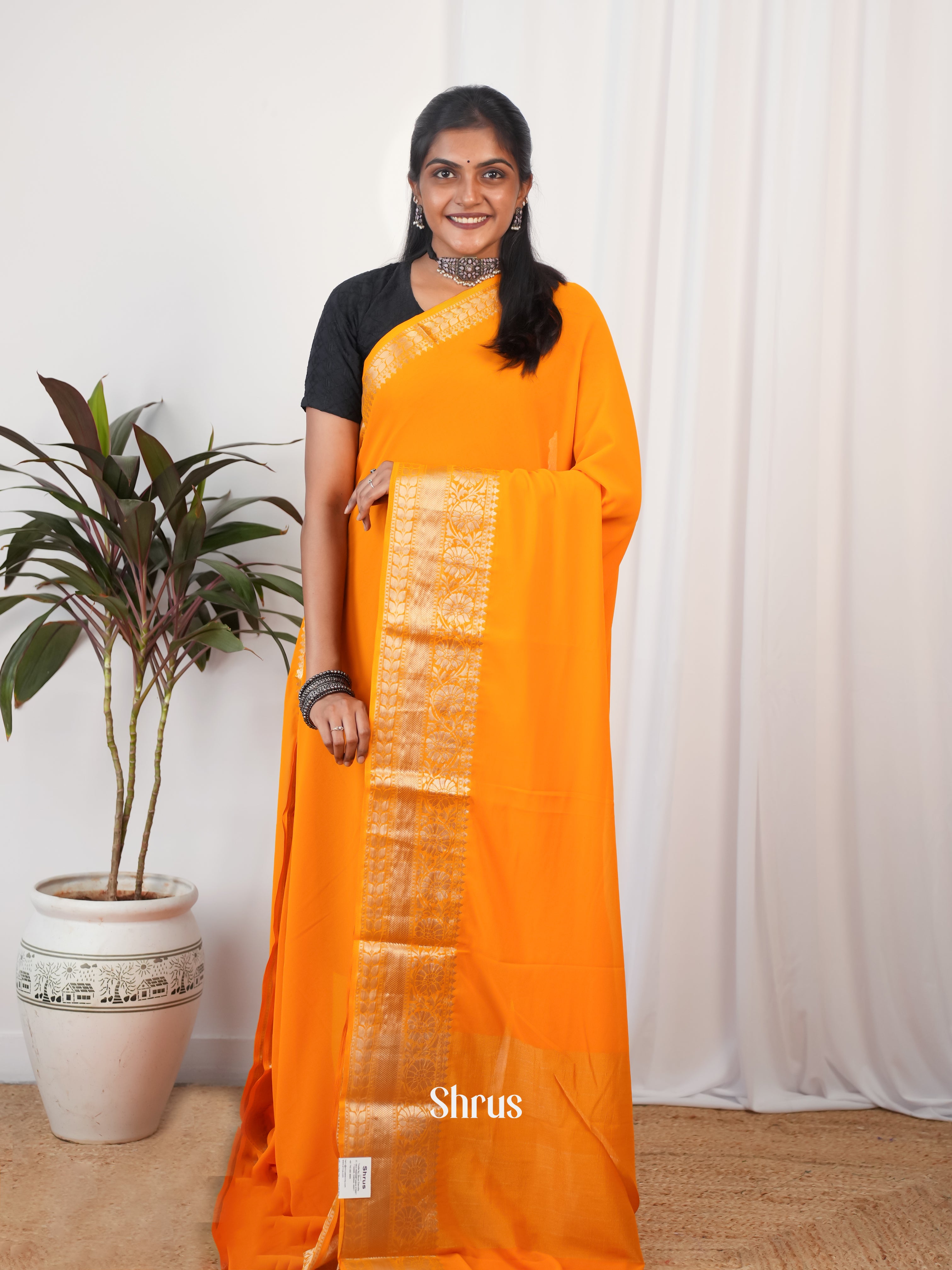 Orange - Semi Georgette Saree