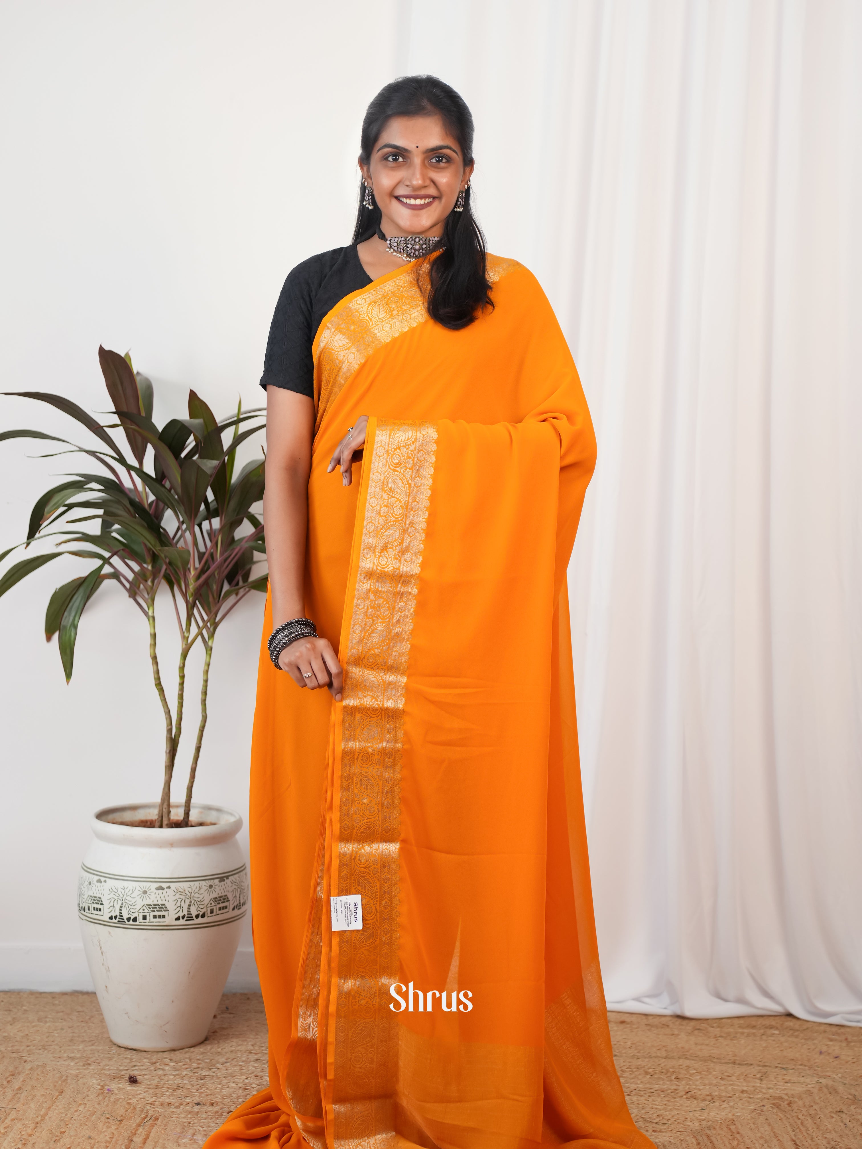 Orange - Semi Georgette Saree