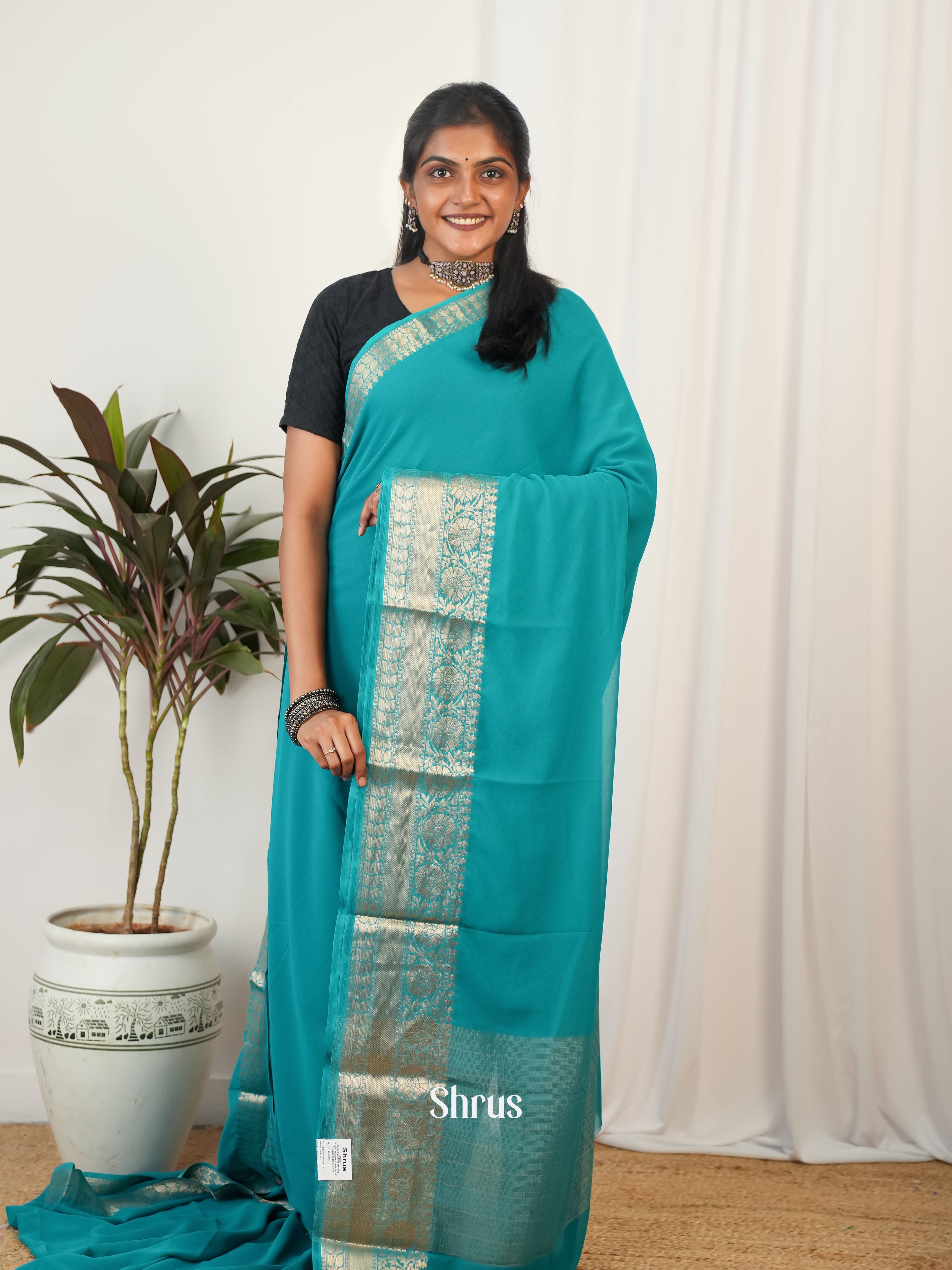 Teal - Semi Georgette Saree