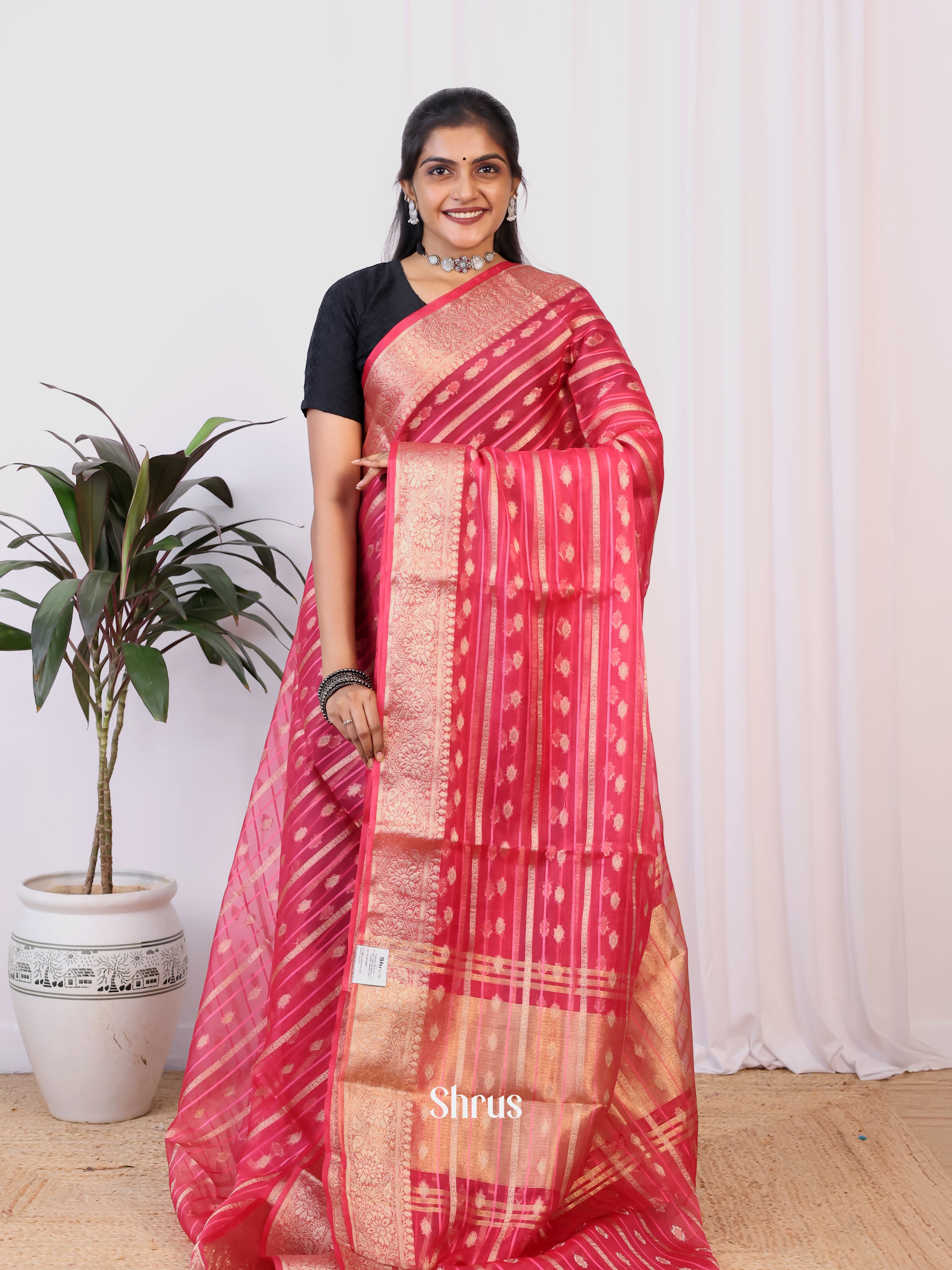 Pink - Semi Organza Saree