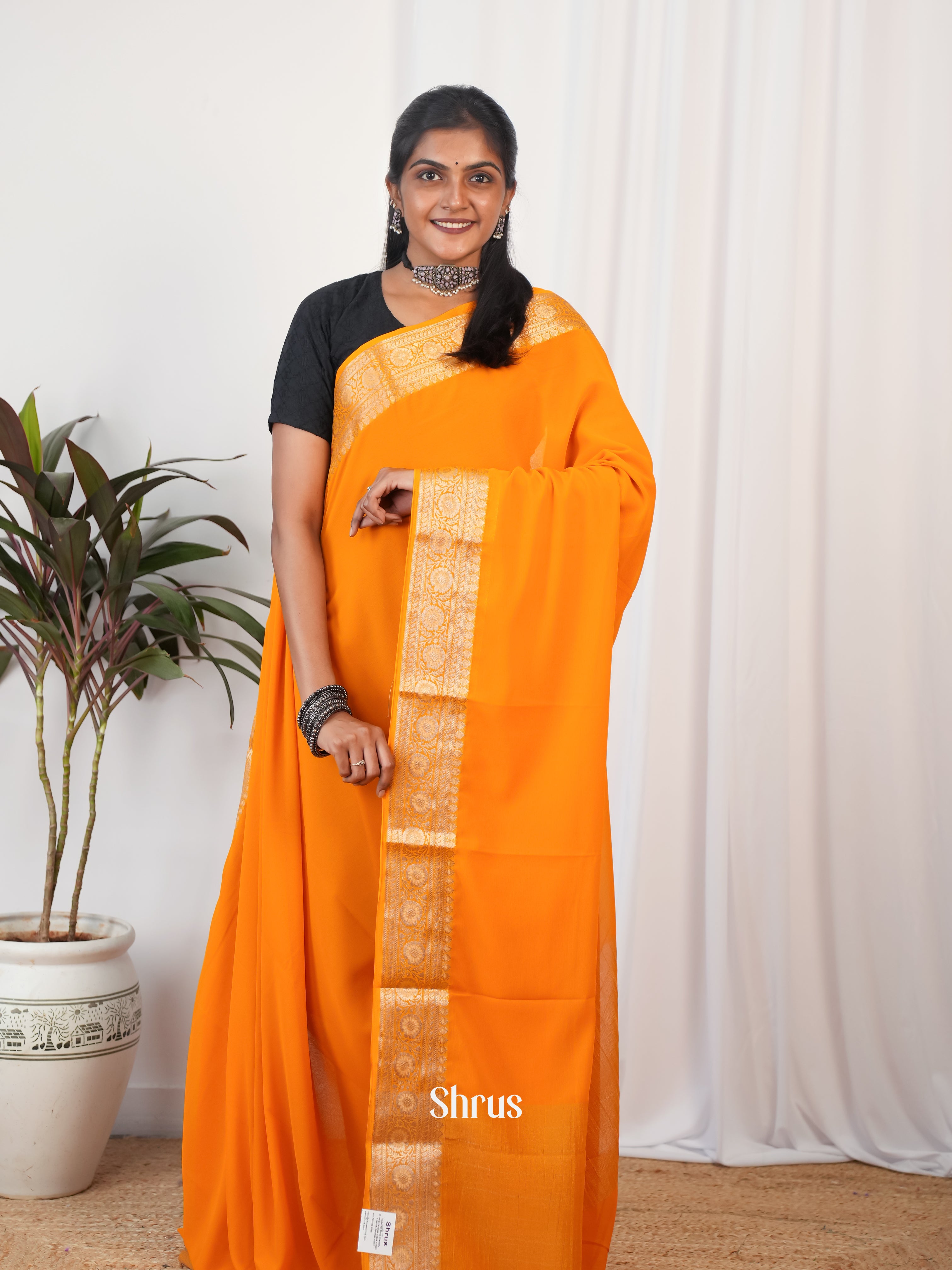 Orange - Semi Georgette Saree