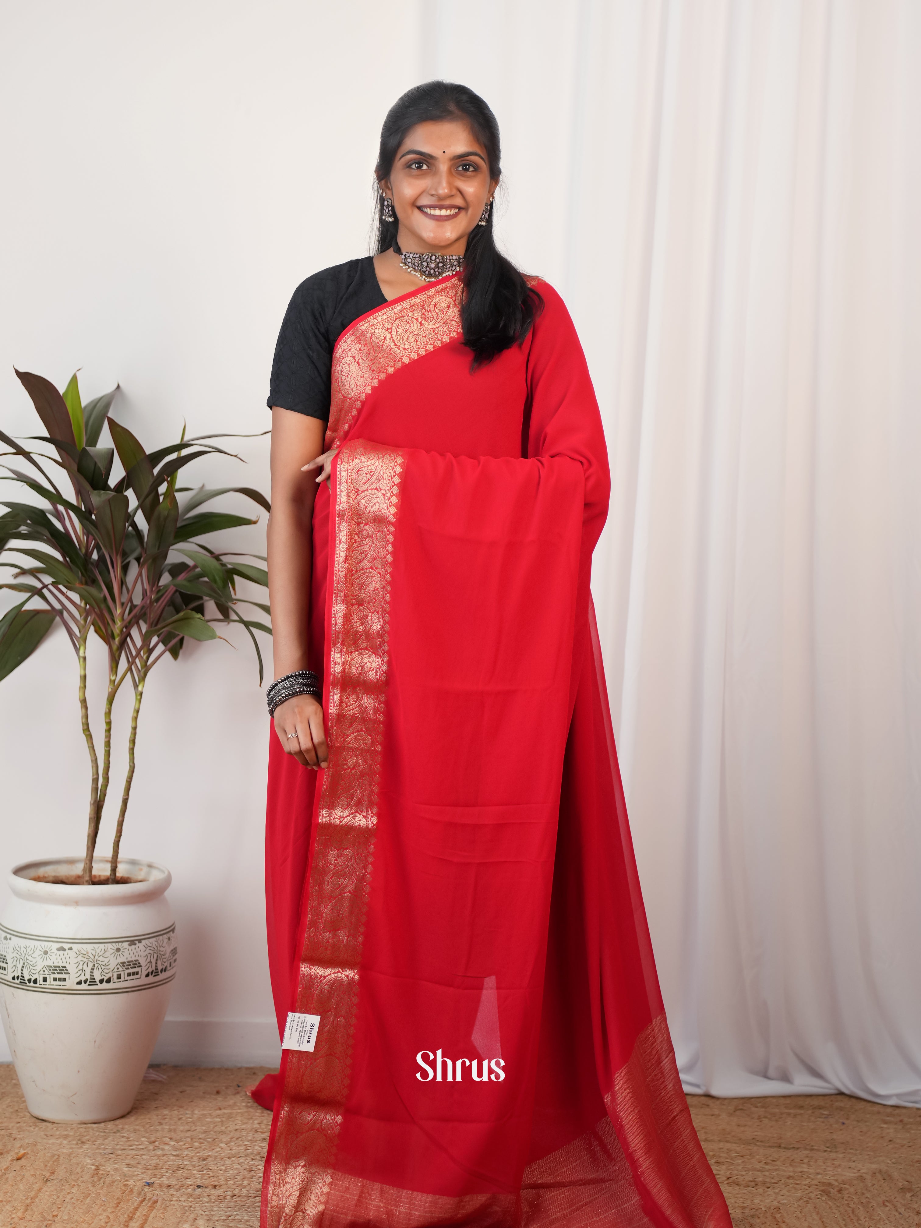 Red - Semi Georgette Saree