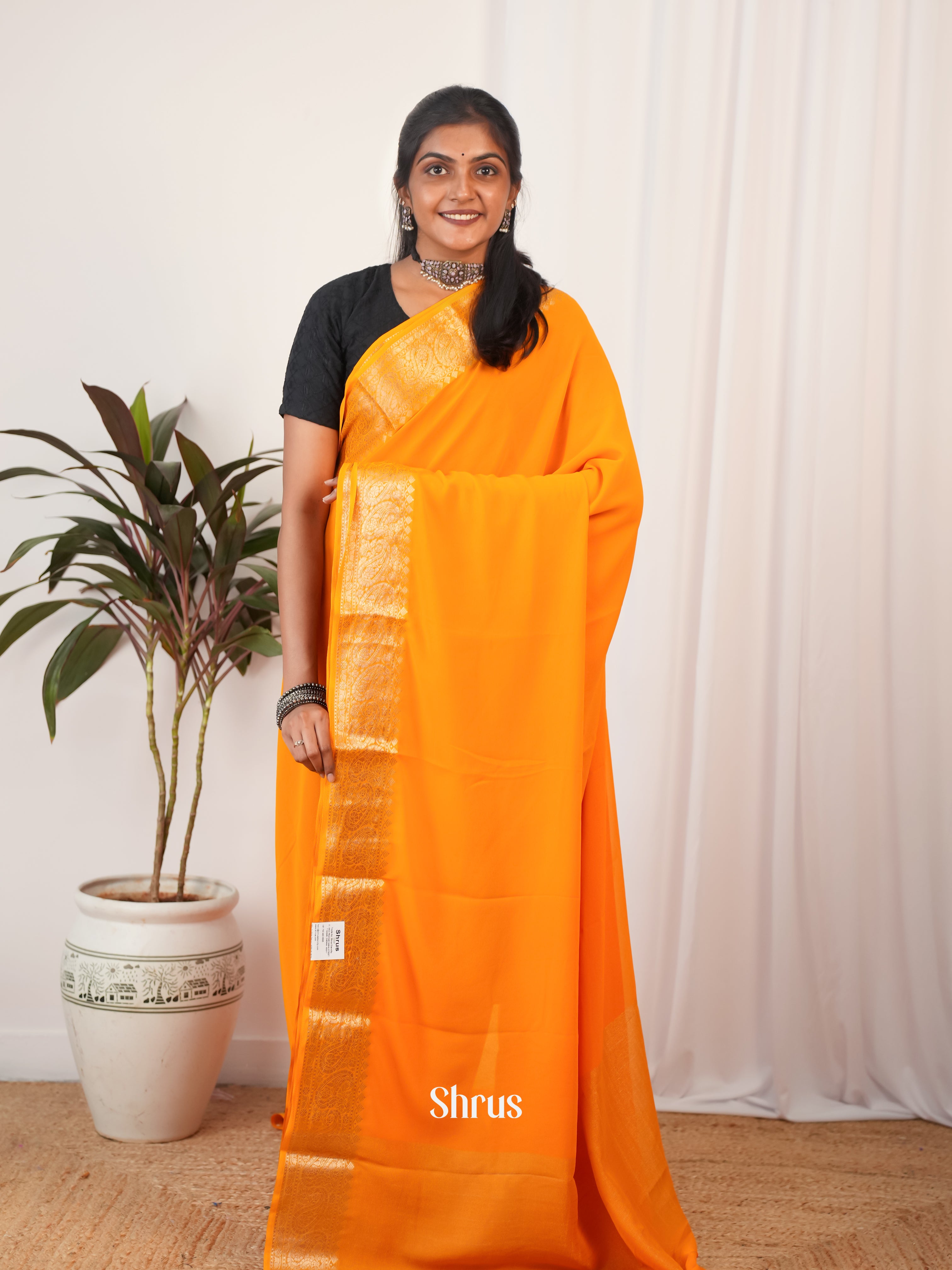 Orange - Semi Georgette Saree