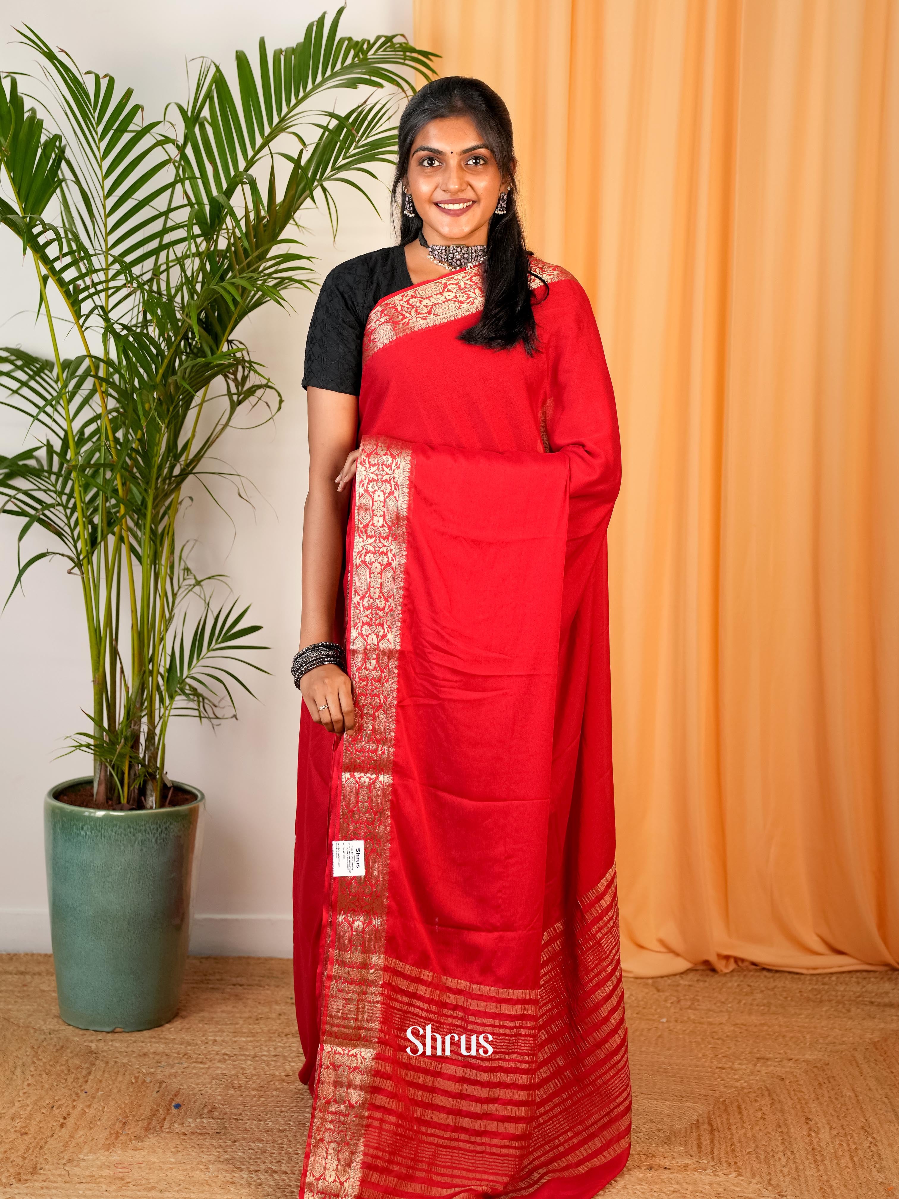 Red - Semi Mysoresilk Saree