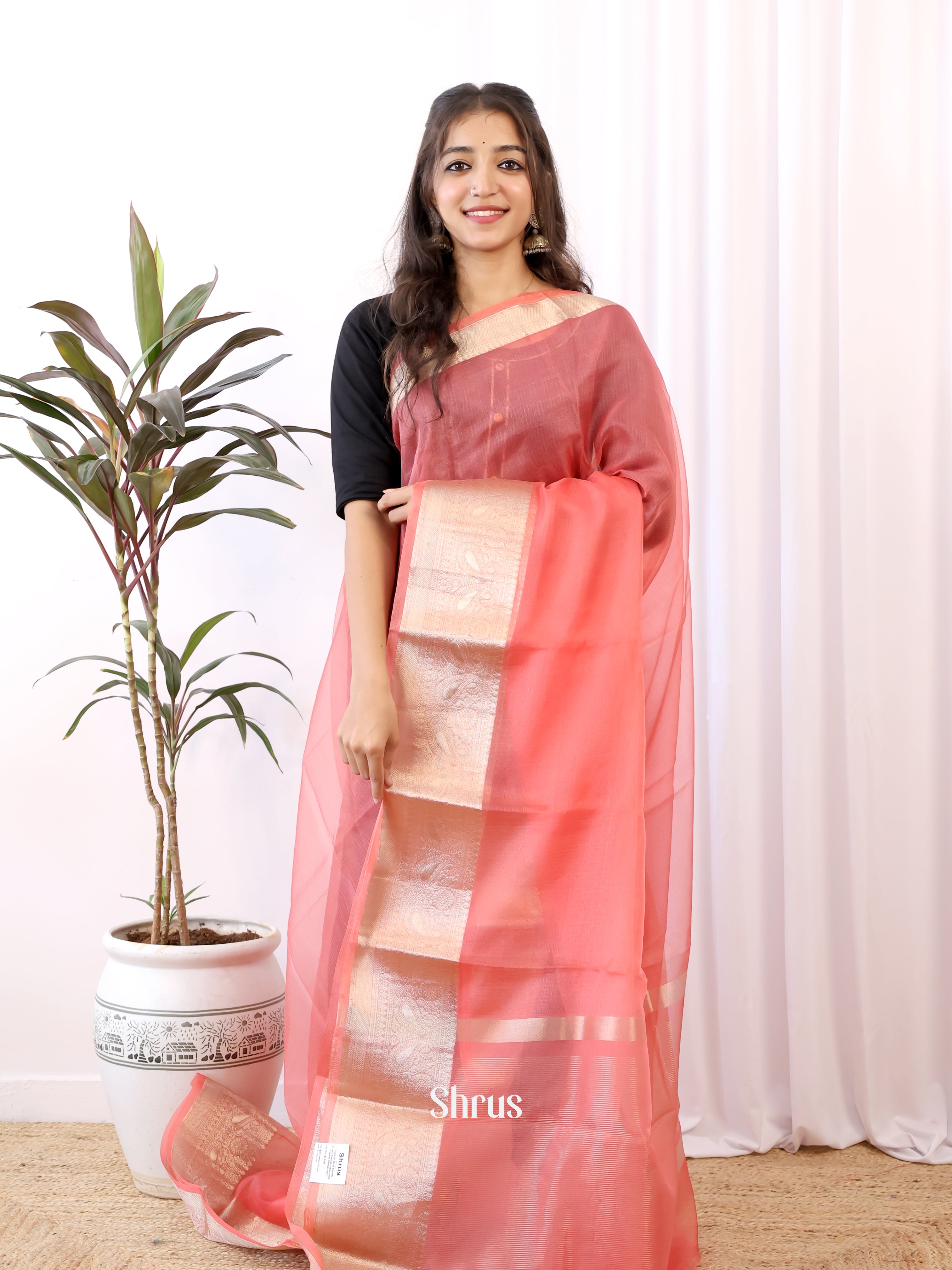 Peachish Pink & Black - Semi Organza Saree