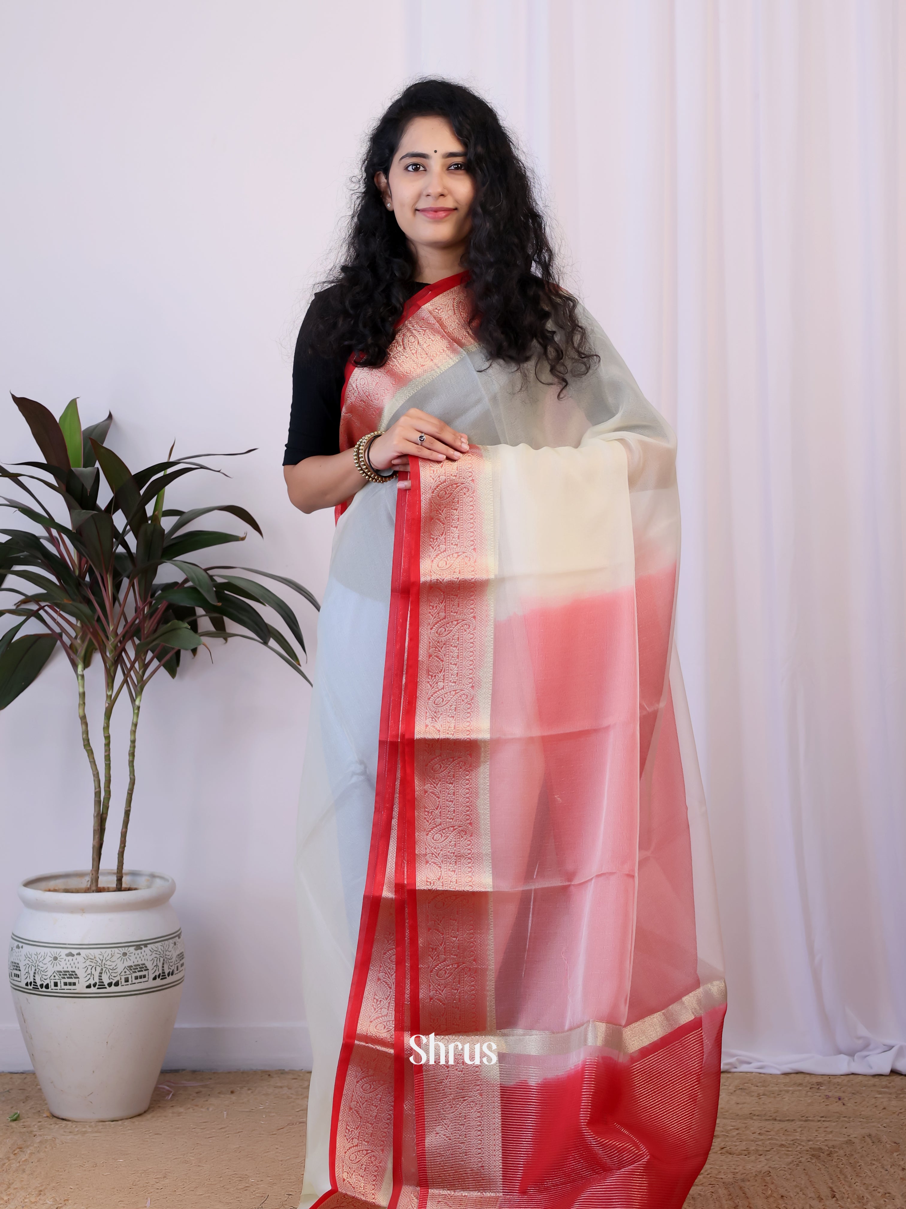 Cream & Red - Semi Organza Saree