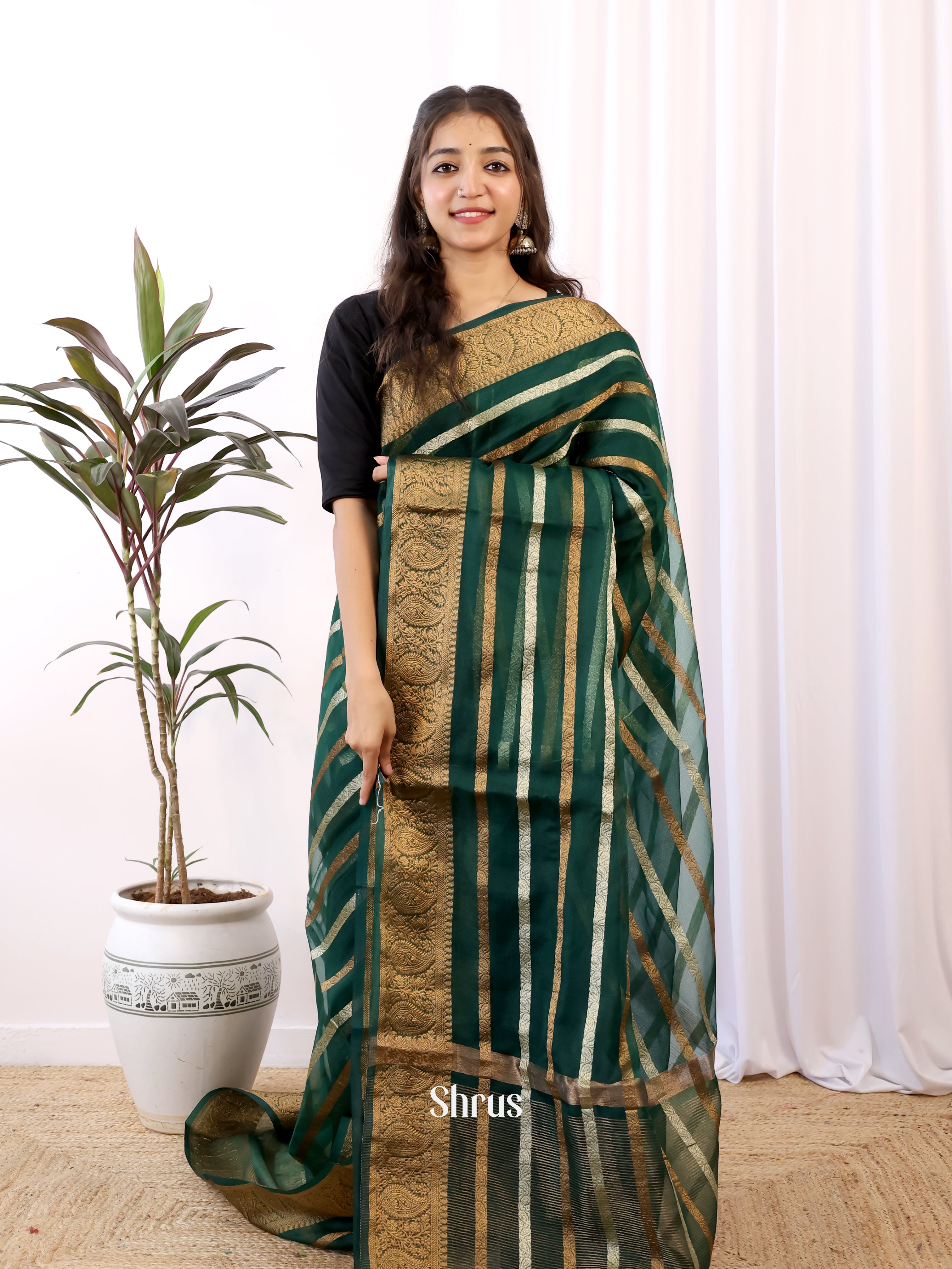 Bottle Green - Semi Organza Saree