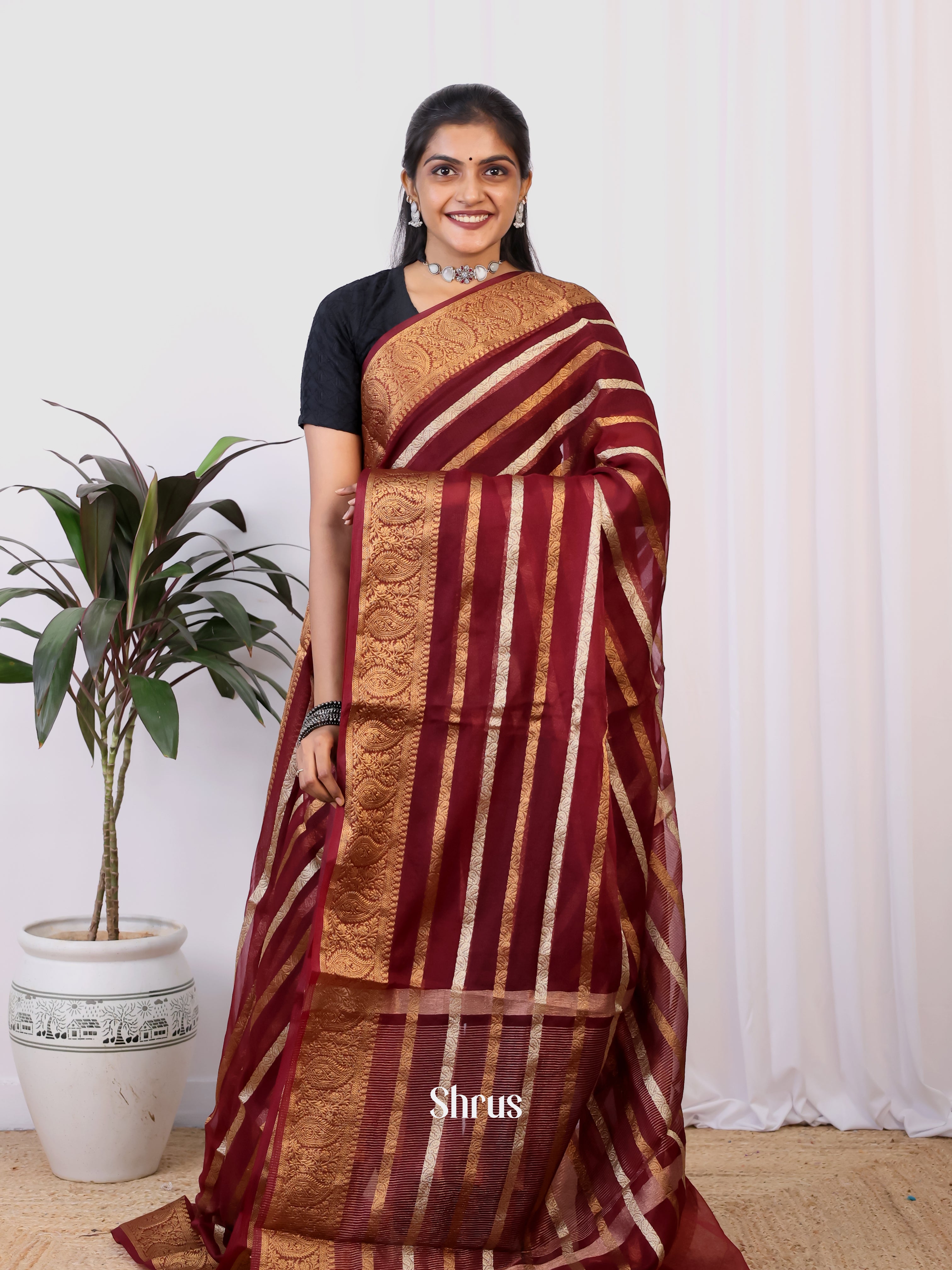 Maroon - Semi Organza Saree