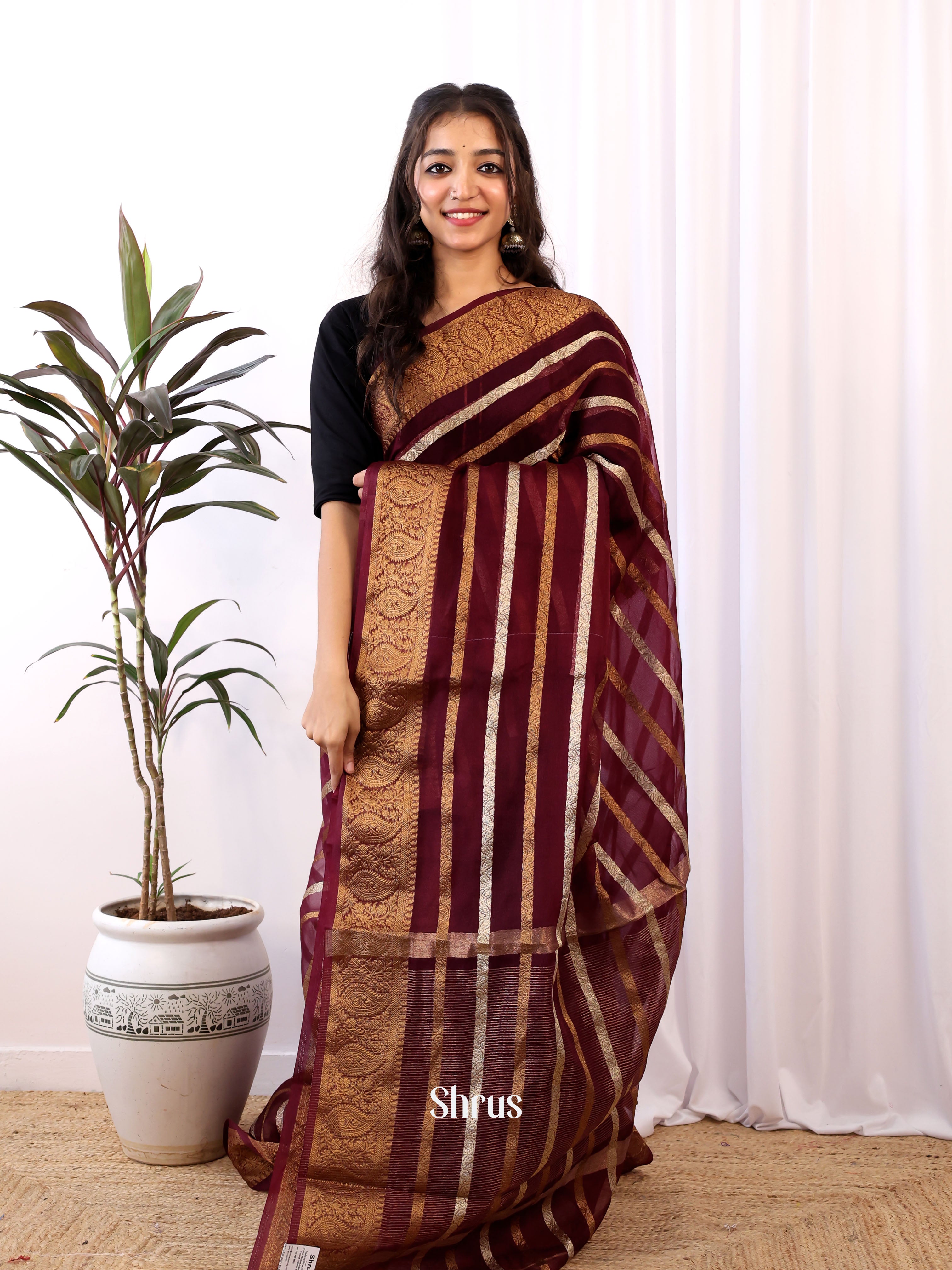 Maroon - Semi Organza Saree