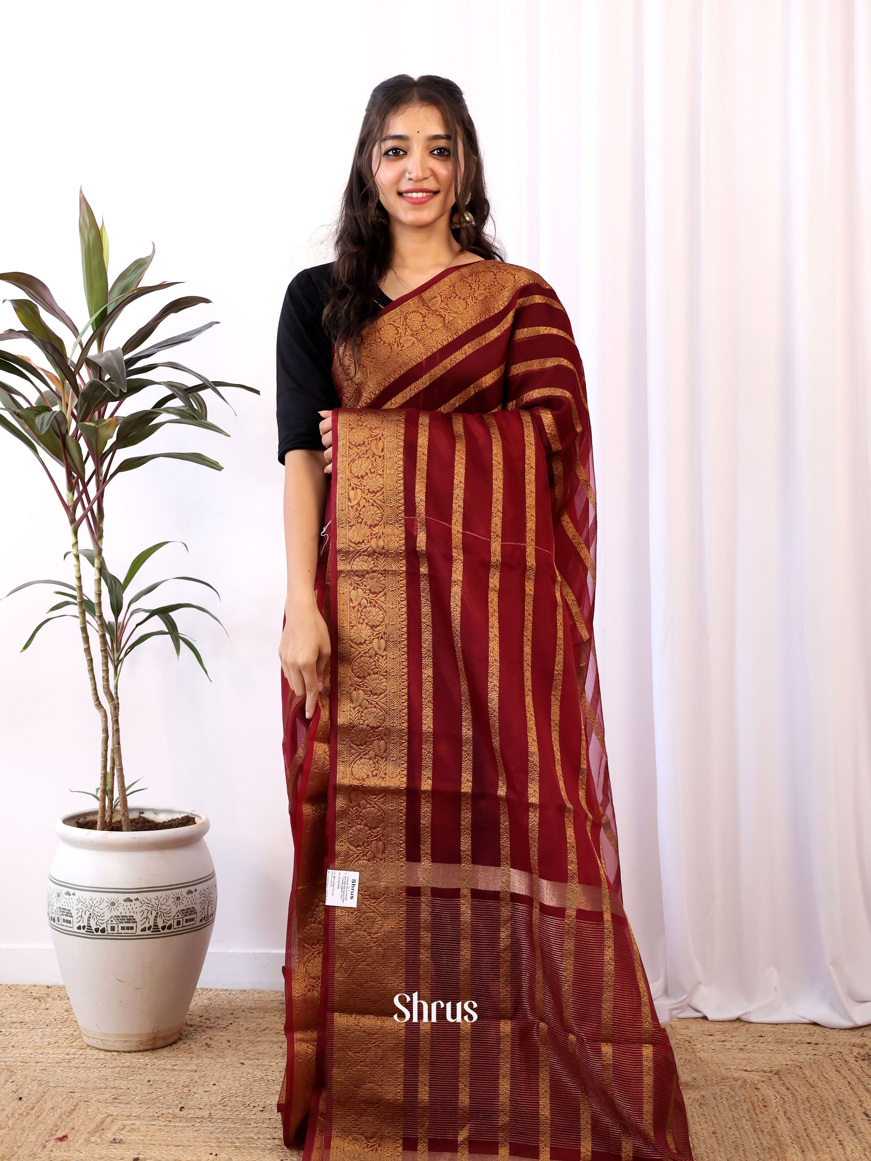 Maroon - Semi Organza Saree