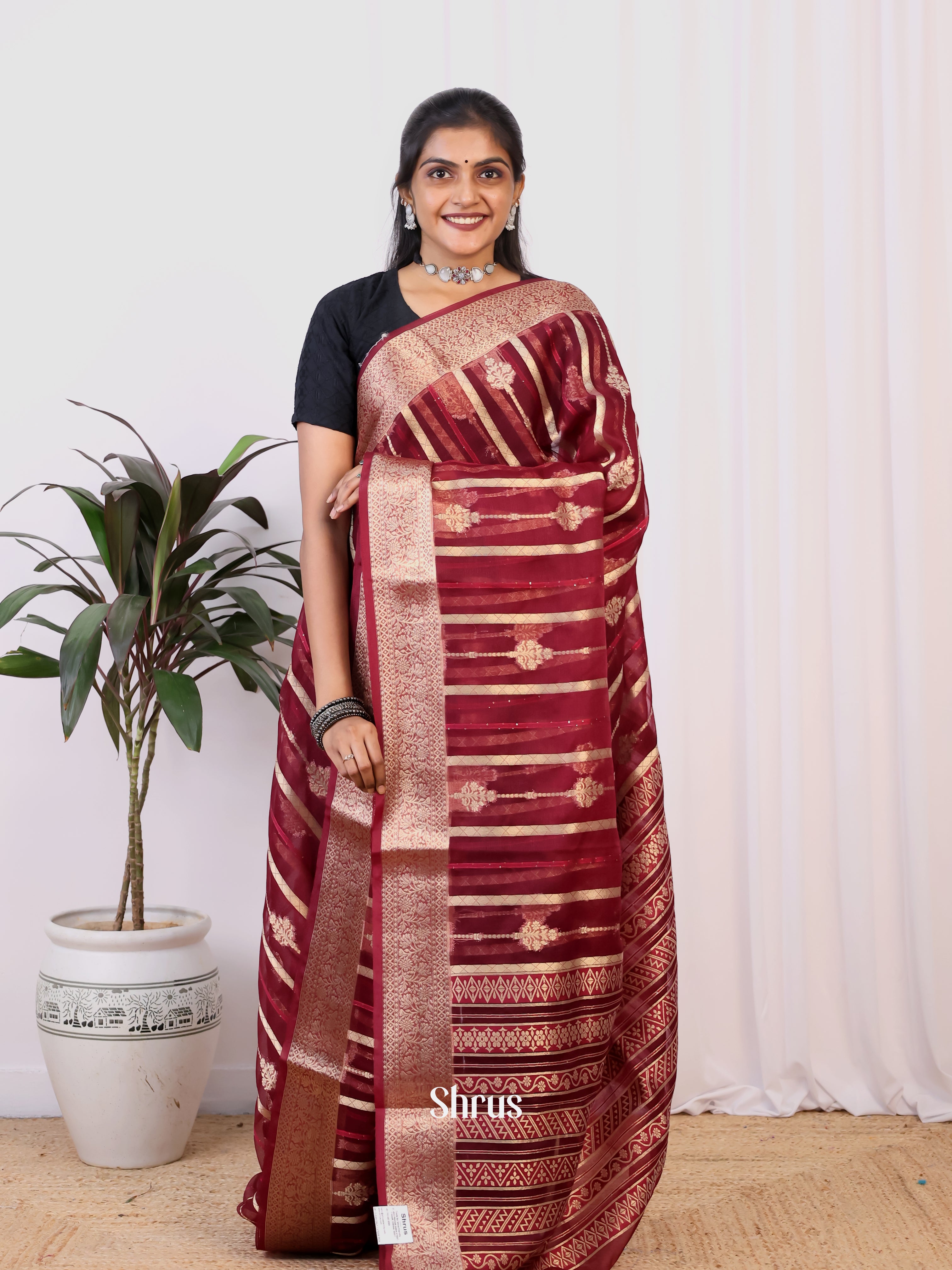 Maroon- Semi Organza Saree