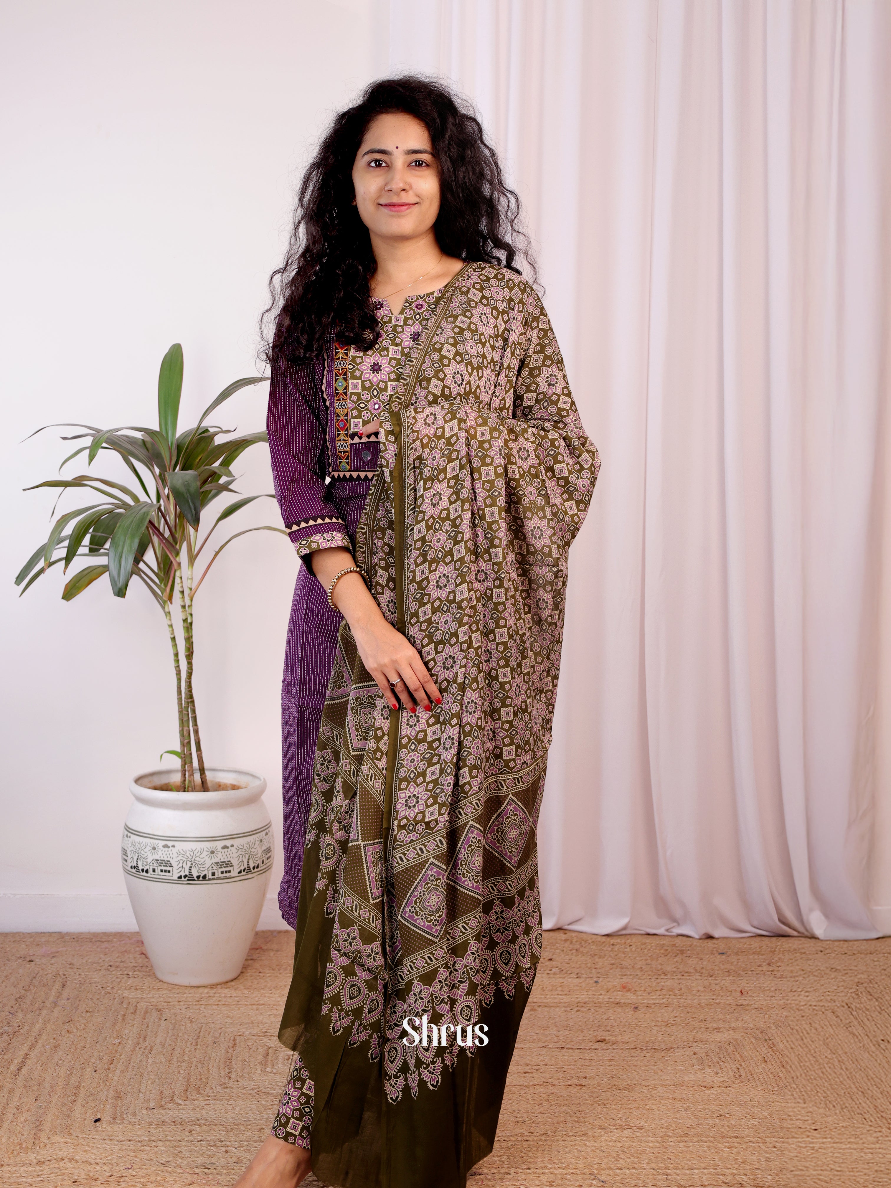 Purple & Green - Ajrakh 3pc Readymade Suits - Shop on Shrus.com