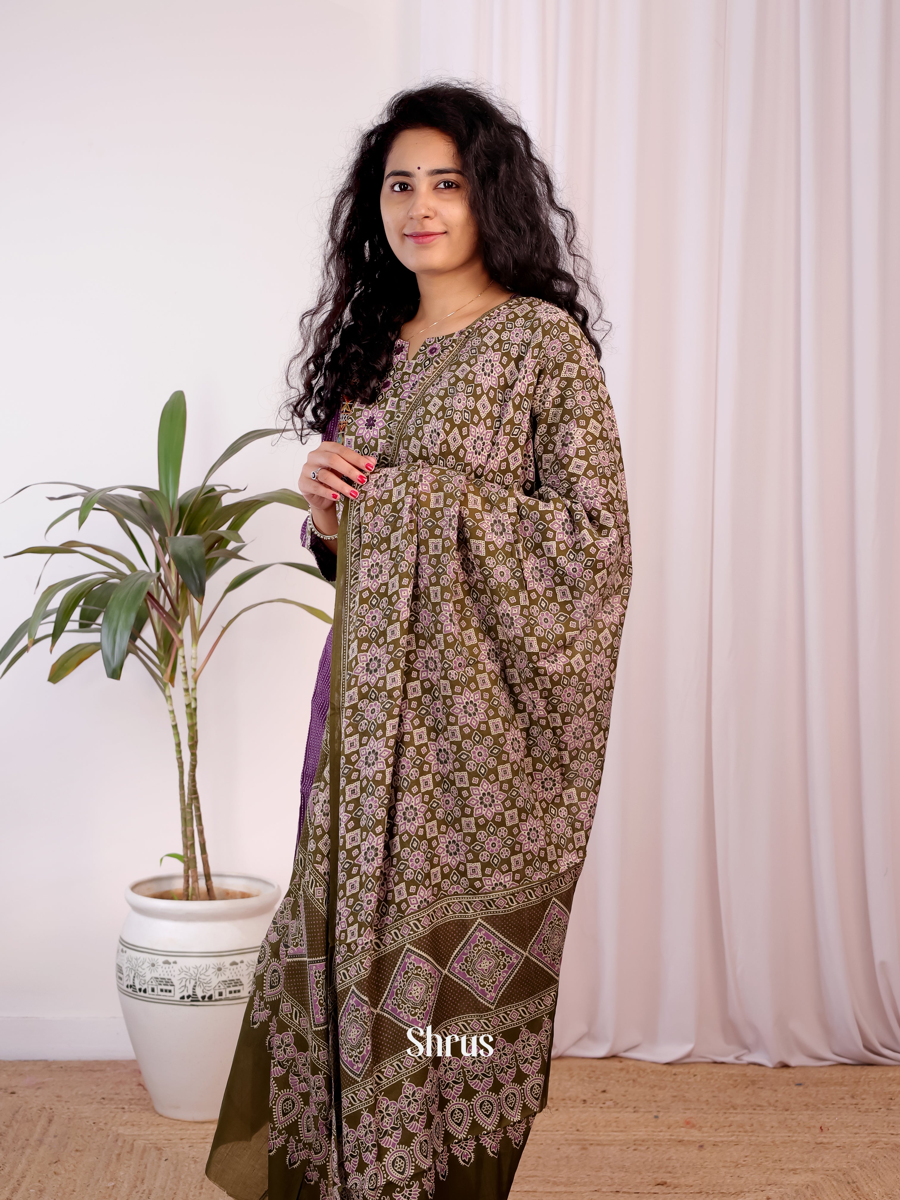 Purple & Green - Ajrakh 3pc Readymade Suits - Shop on Shrus.com