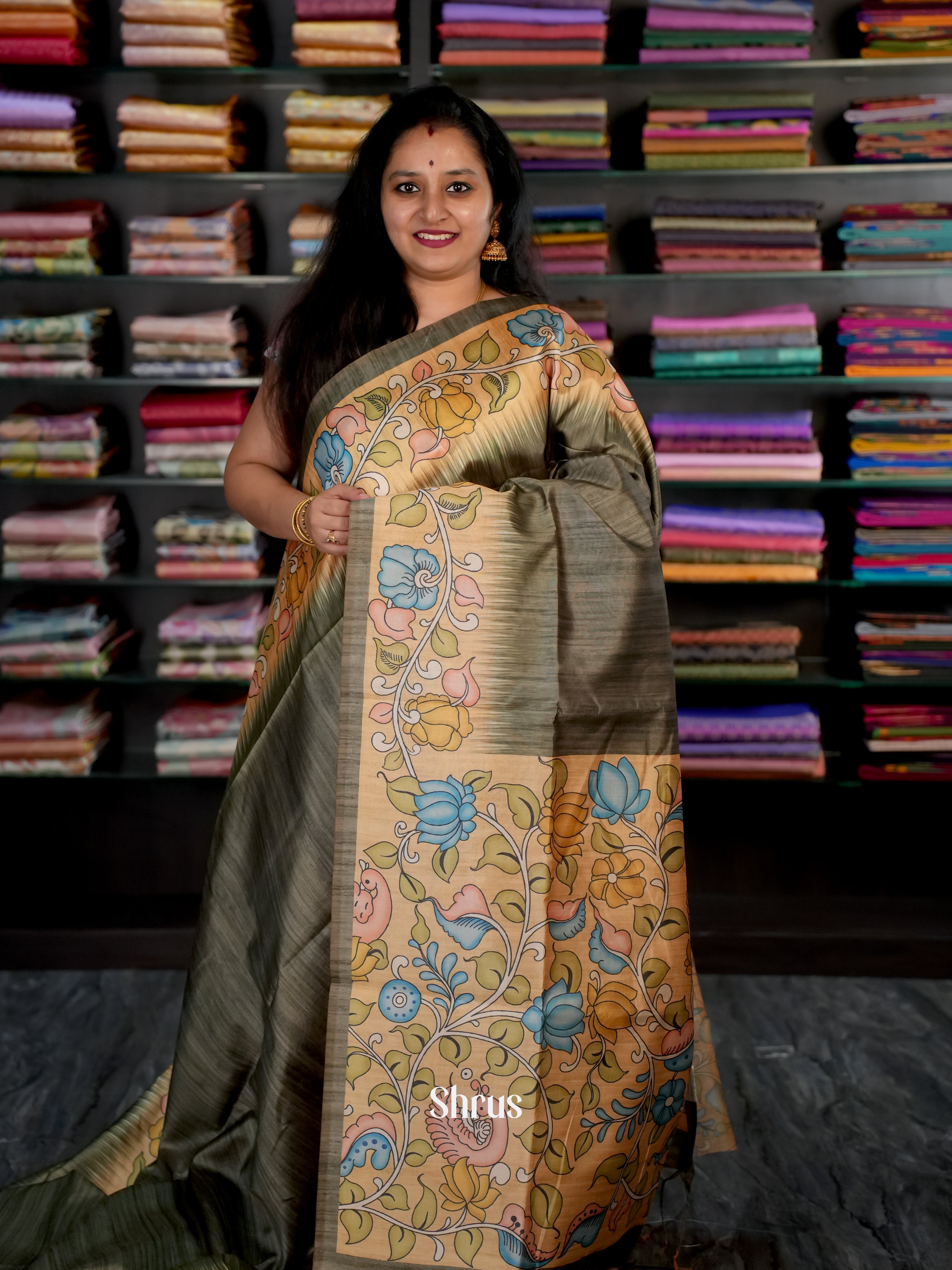 Grey & Orange - Champa semi tussar Saree