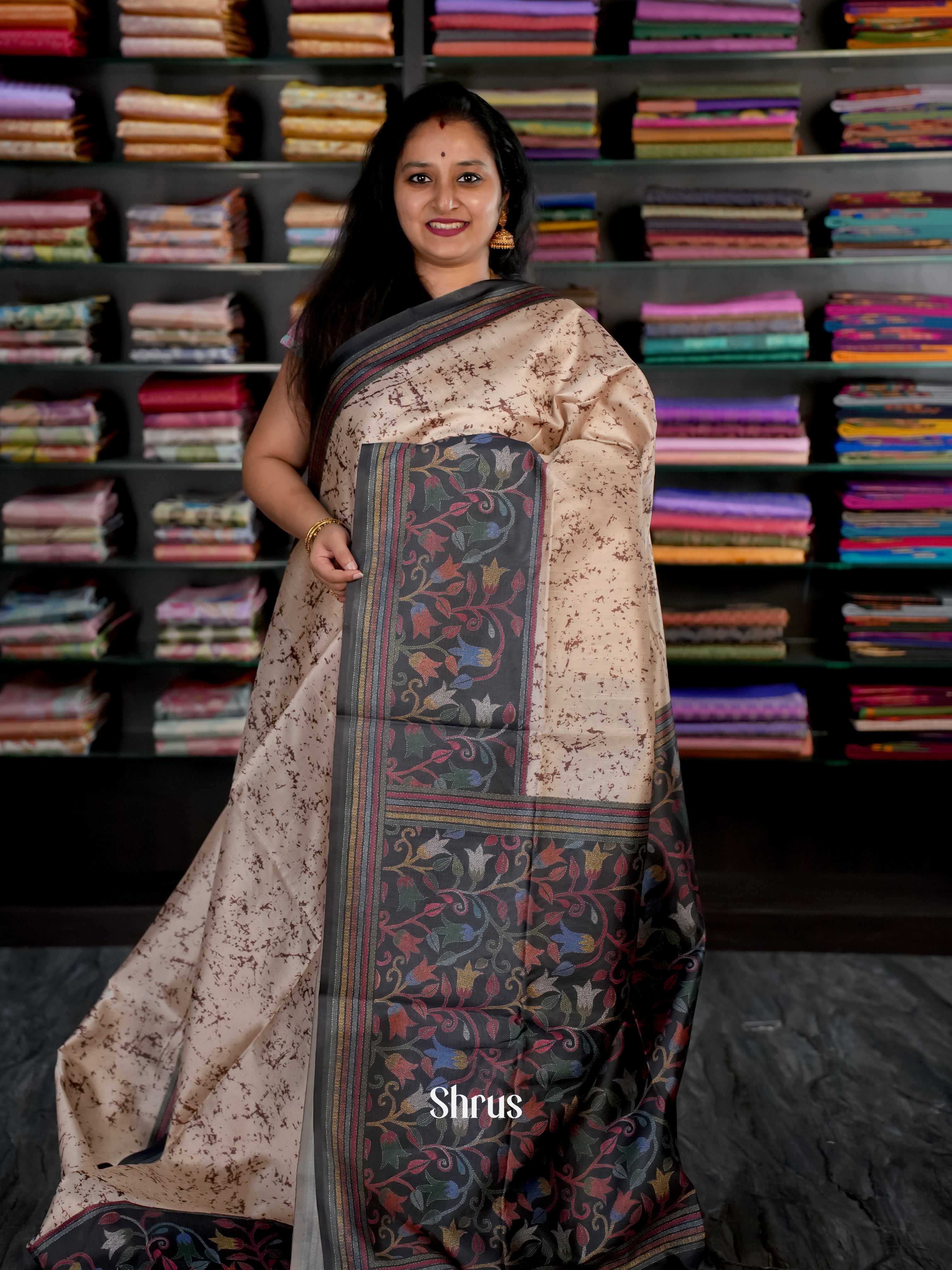 Lite Brown & Black - Champa semi tussar Saree