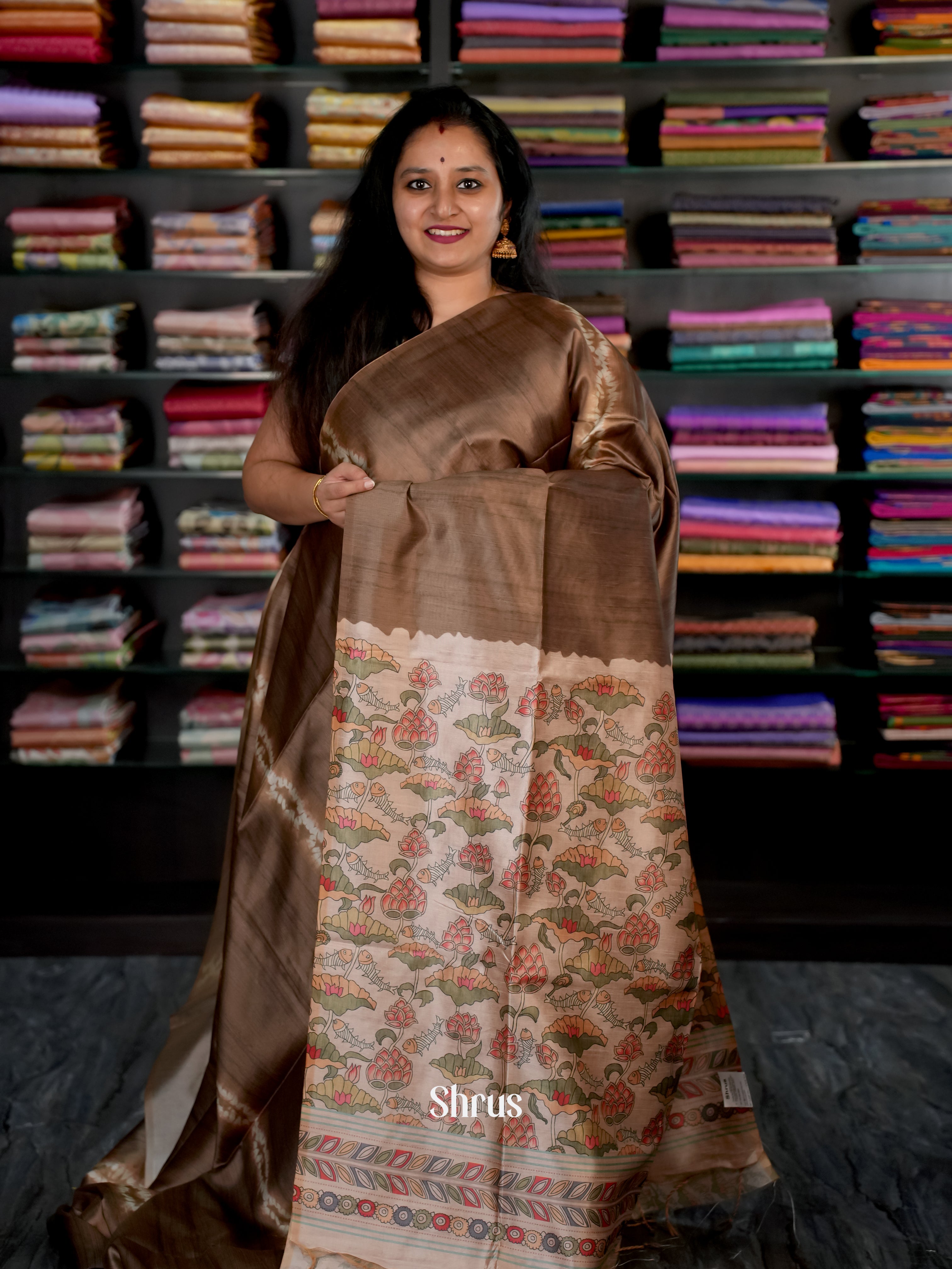 Brown & Cream  - Champa semi tussar Saree