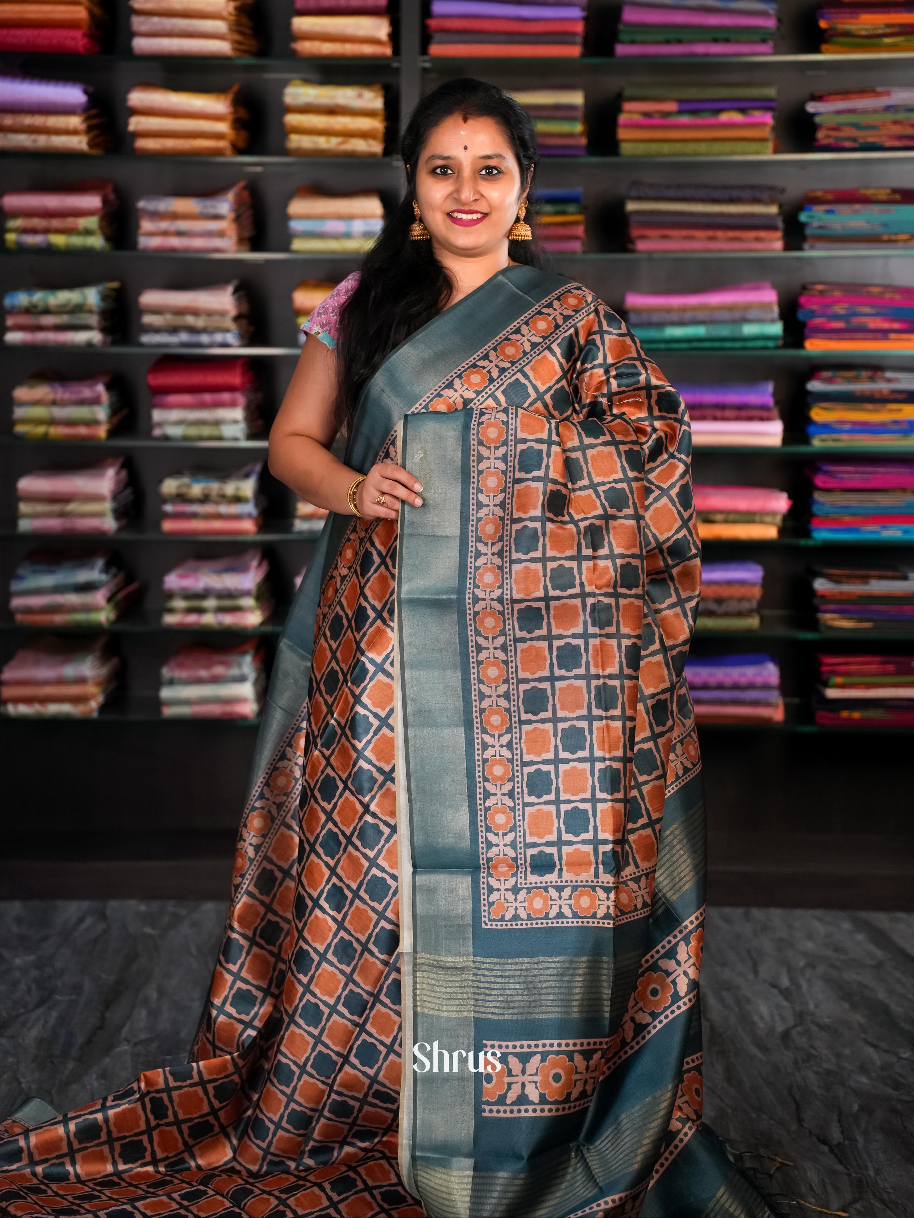 Brick & Green - Champa Semi tussar Saree