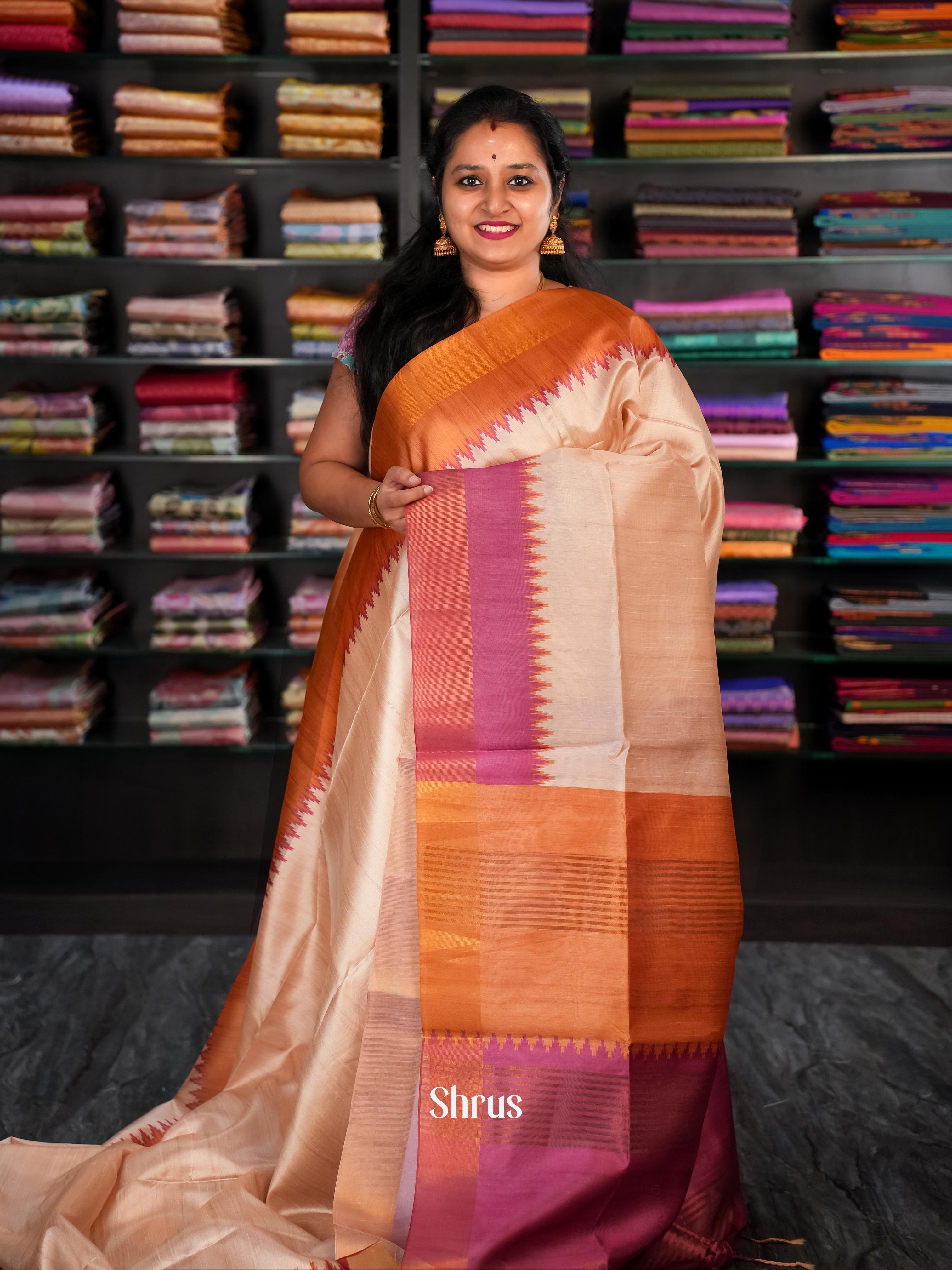 Beige & Maroon - Champa Semi tussar Saree