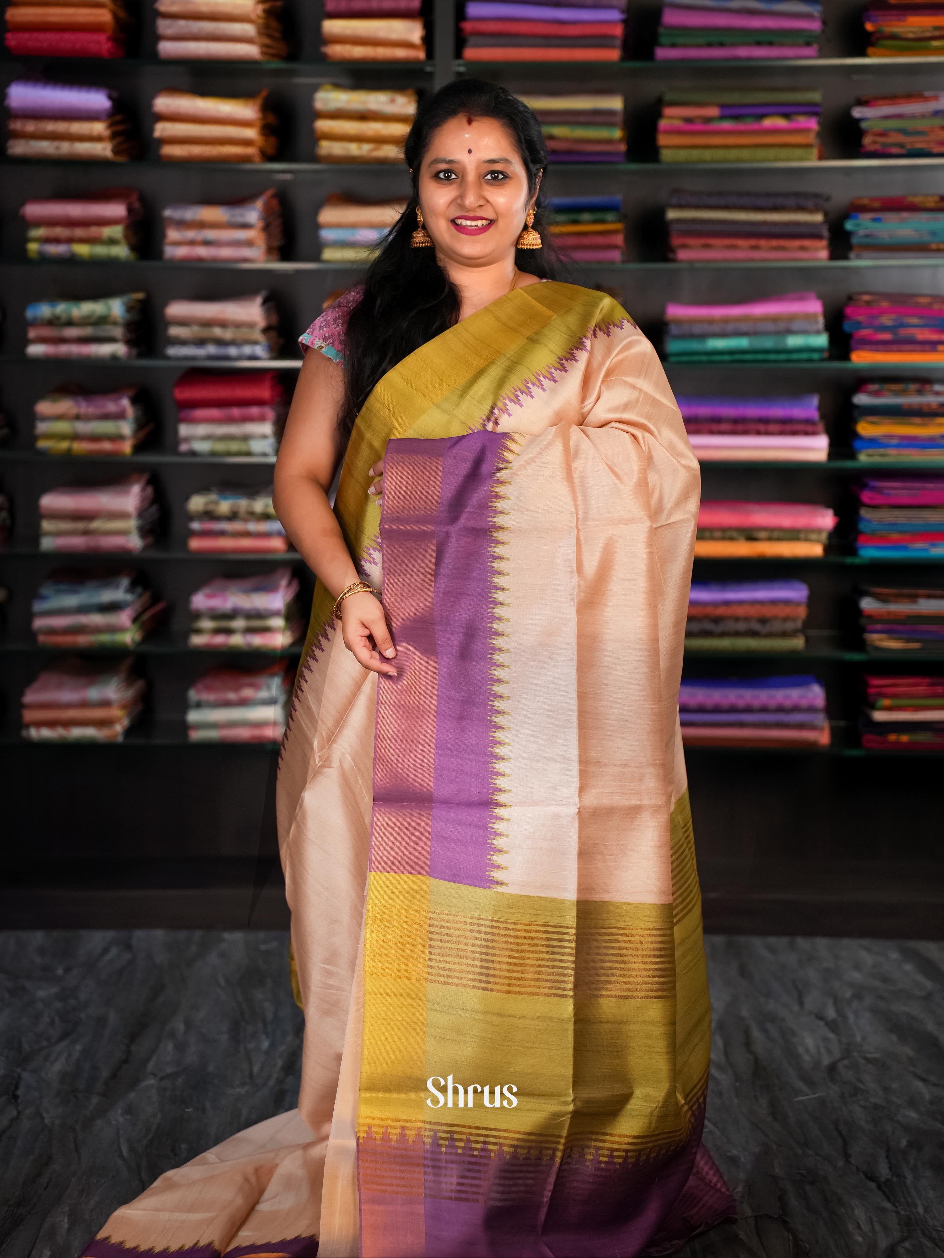 Beige & Purple - Champa Semi tussar Saree